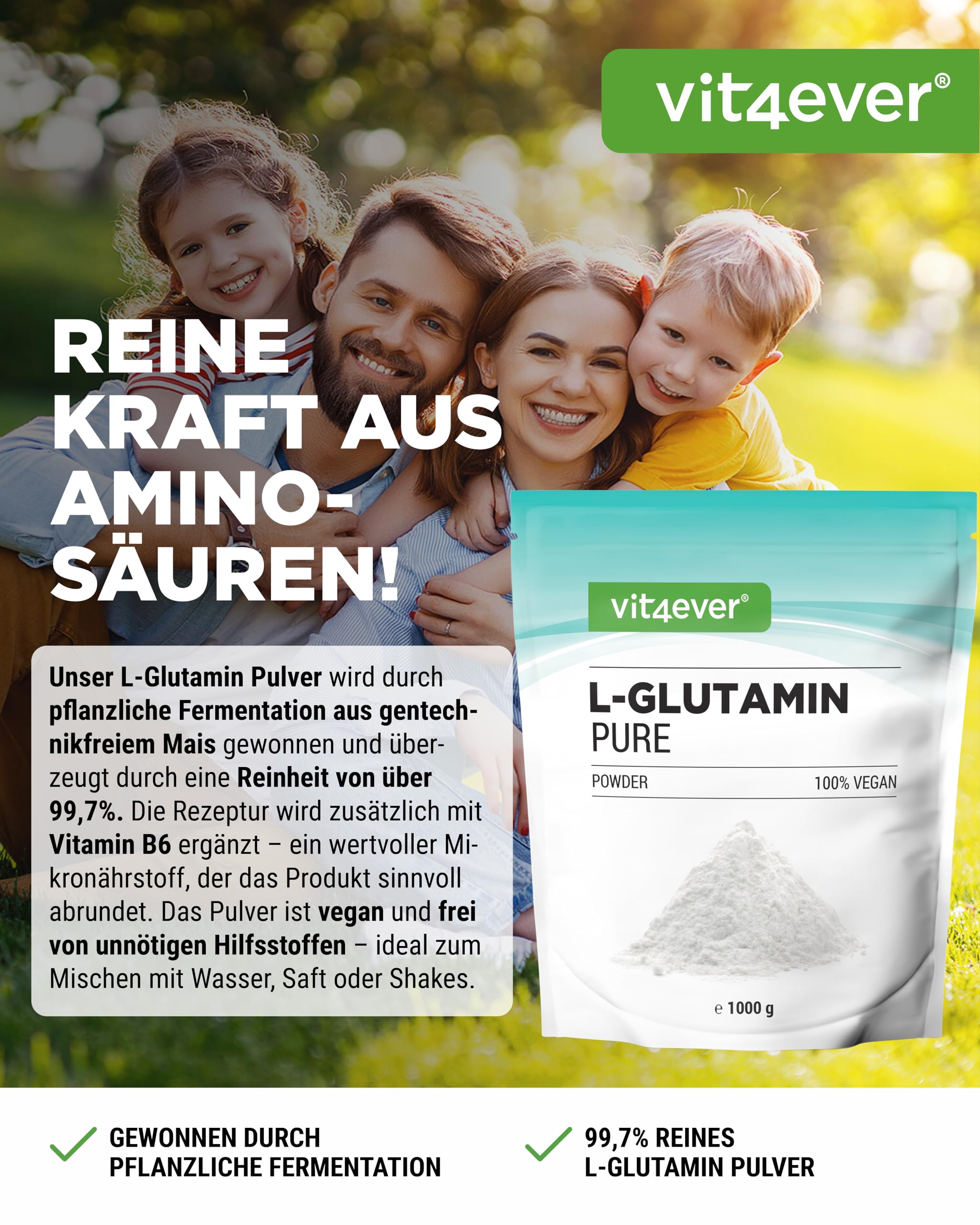 vit4ever L-Glutamin Pulver - 1000 g - ultrareines Aminosäurenpulver | Pflanzliche Fermentation, extra hochdosiert, 100% vegan