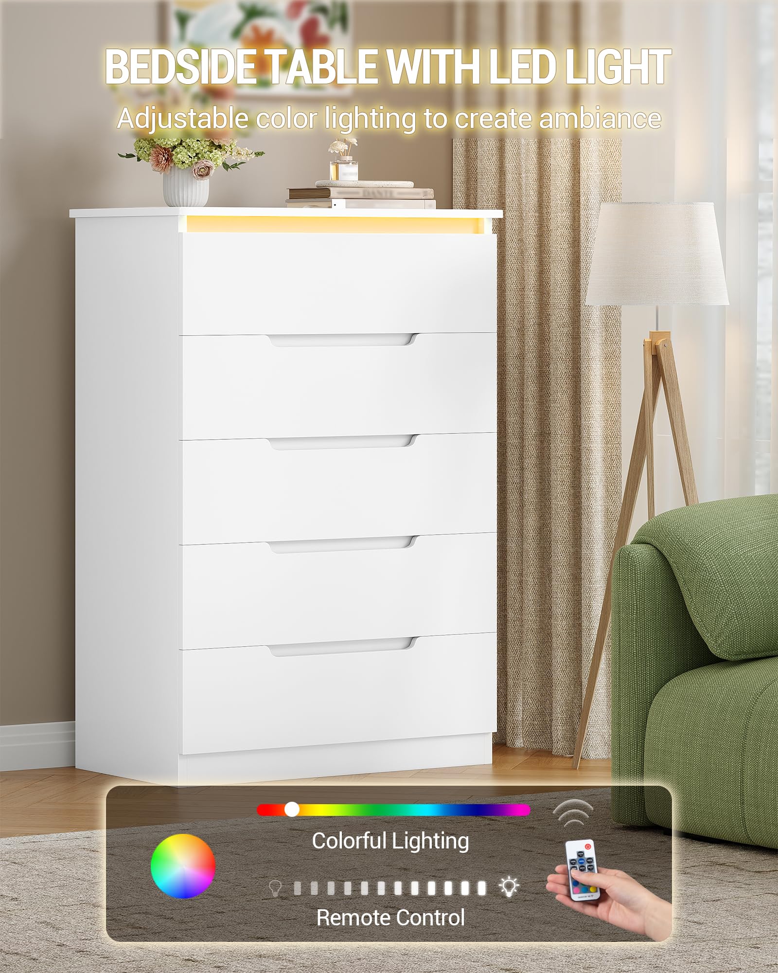 Hzuaneri Cómoda 5 Cajones, Cajonera Dormitorio, Armario Auxiliar con Tira de luz LED, Cómoda Dormitorio, Estilo Moderno, para Salón, Dormitorios, Pasillo, 40 x 60 x 103 cm, Blanco DC01503XEU