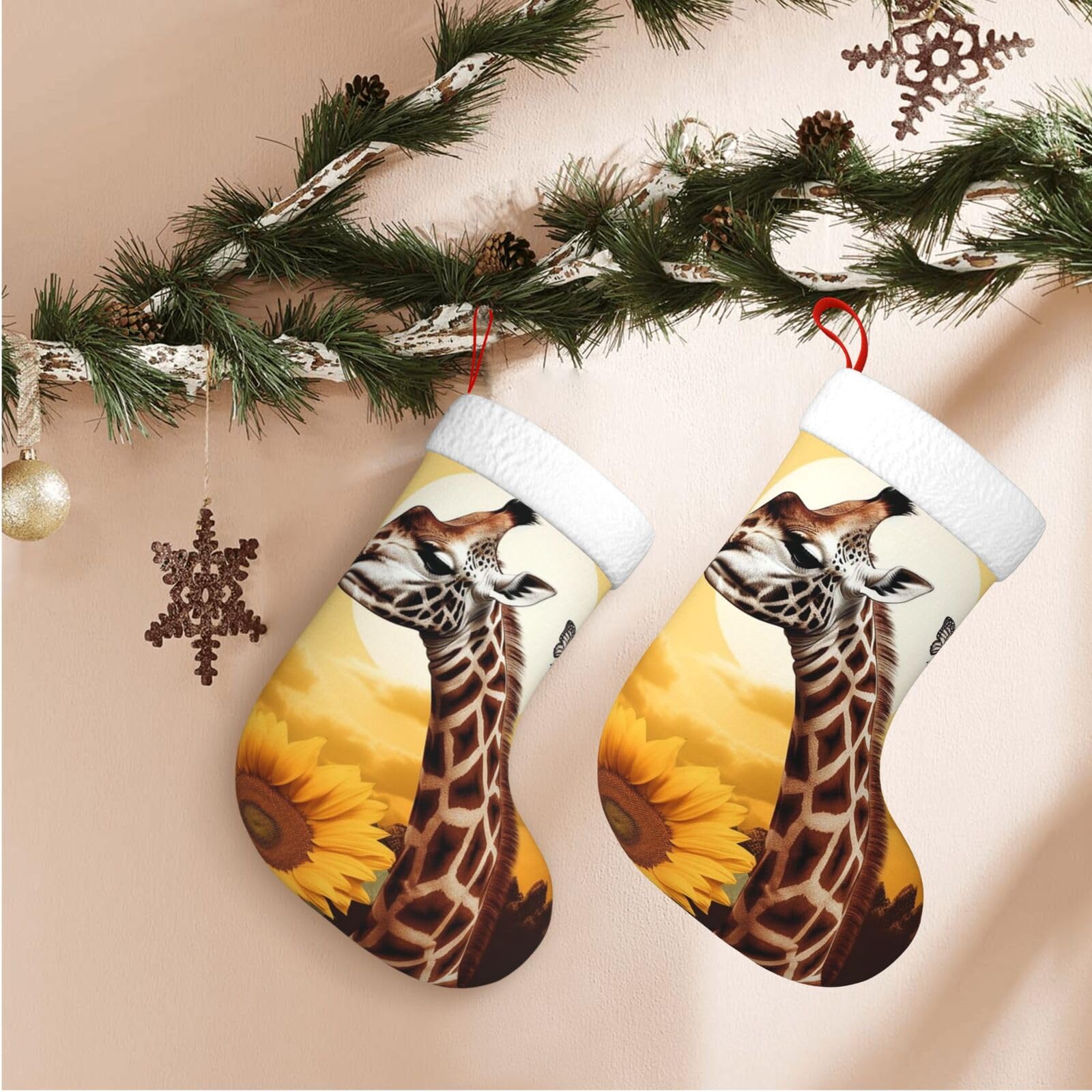 17.7" Christmas Stocking 1 Piece, Giraffe and Sunflower Xmas Stockings with White Plush Cuff Fireplace Hanging Stocking for Christmas Holiday Party Decoration