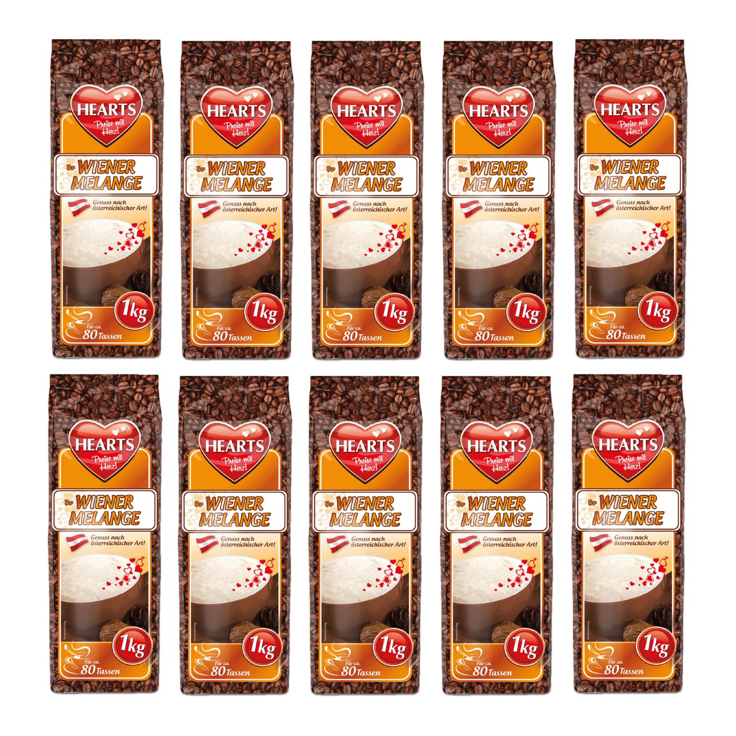 HEARTS Cappuccino Wiener Melange 10 x 1 kg - Aroma intenso, lechoso y cremoso, aprox. 80 tazas/bolsa, paquete familiar