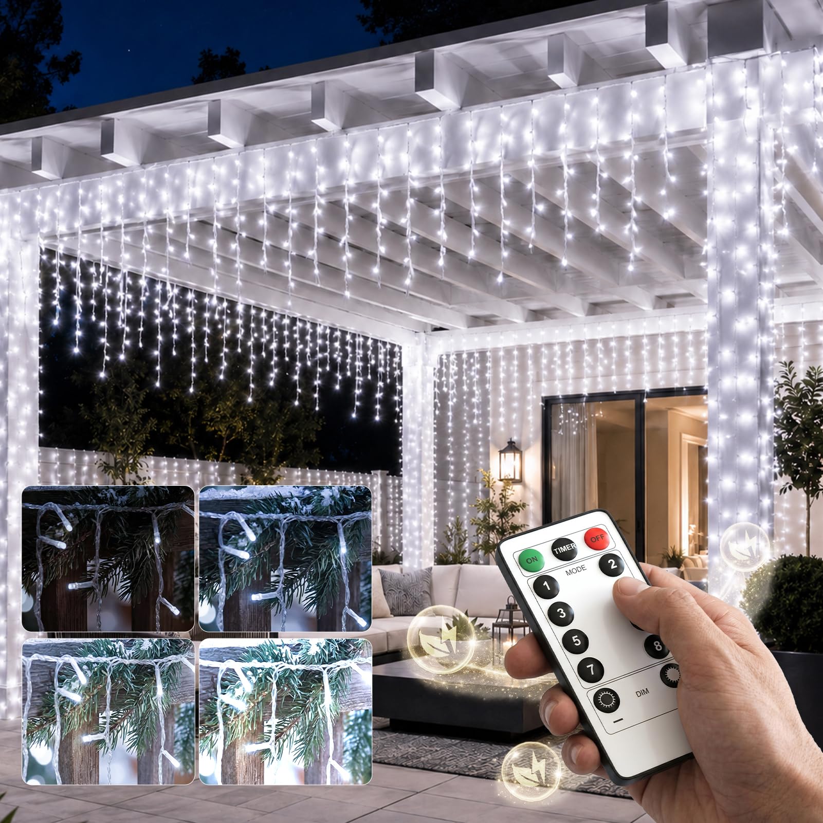 PEMOTech – Guirlande lumineuse de Noël en forme de stalactite pour l'extérieur, 423 LED, 10 m/33 pi, lumières de fée blanc froid, IP65 étanche et résistante à la poussière, 8 modes et télécommande