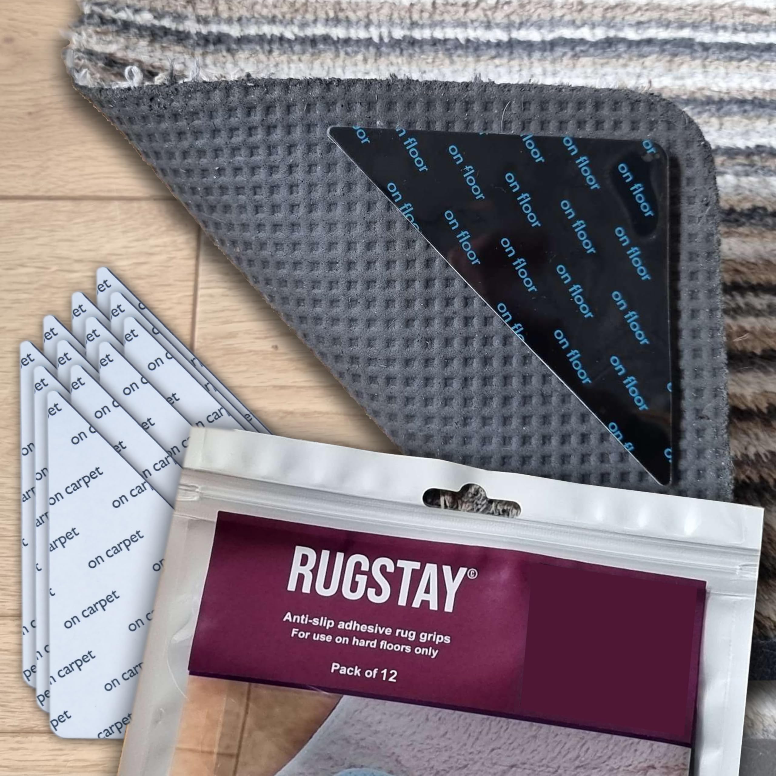 Rugstay Black - Rug Gripper Stickers - For Hard Floors: Hardwood, Laminate, Marble, Tile. No Slip Or Skid (Pack Of 12)