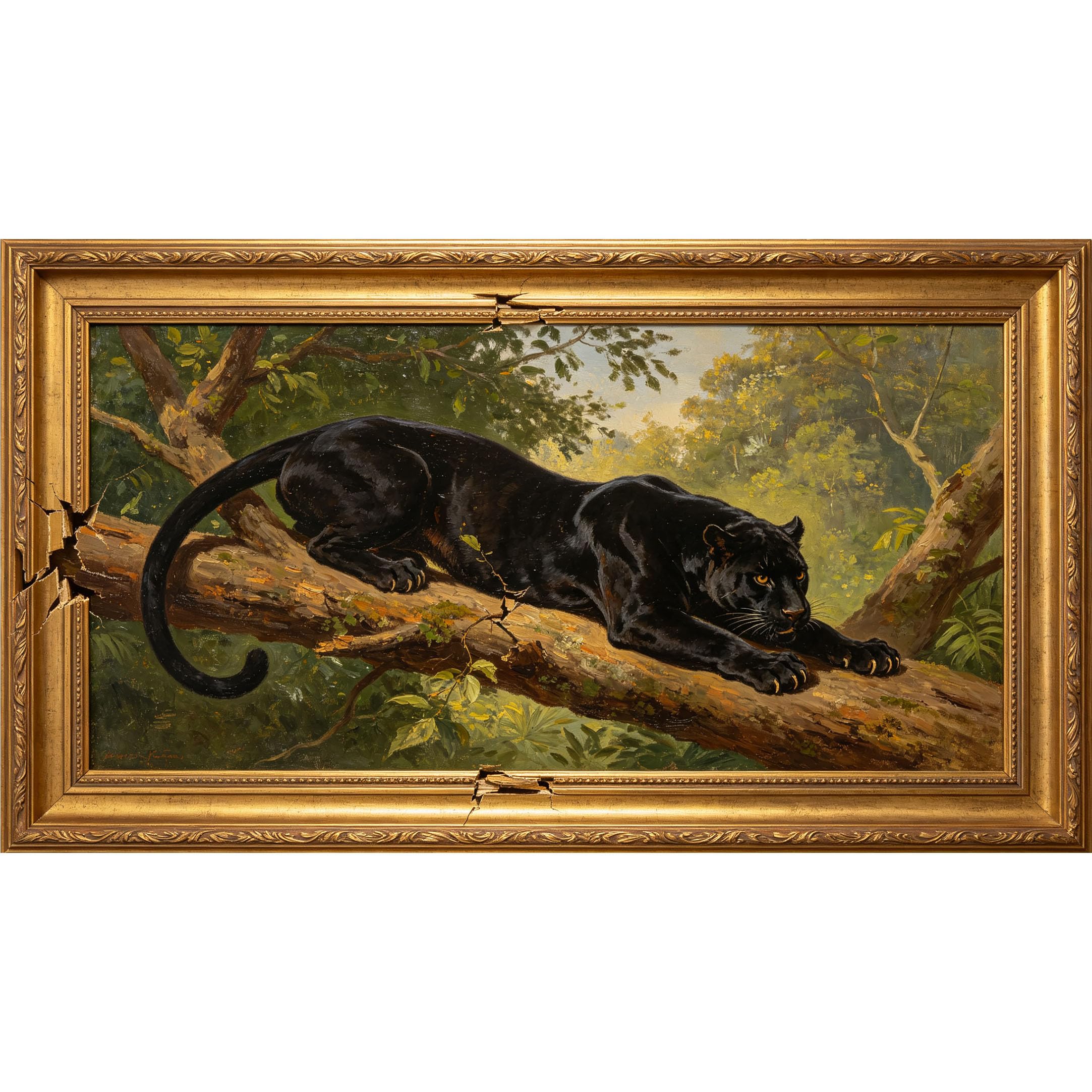 QZLITHOTIC 50x90cm3D Framed Wall Art， Black Panther Jungle Landscape Self‑Adhesive Mural， Water‑Activated Peel & Stick Fabric Decor Wall Decal for Bedroom Living Room
