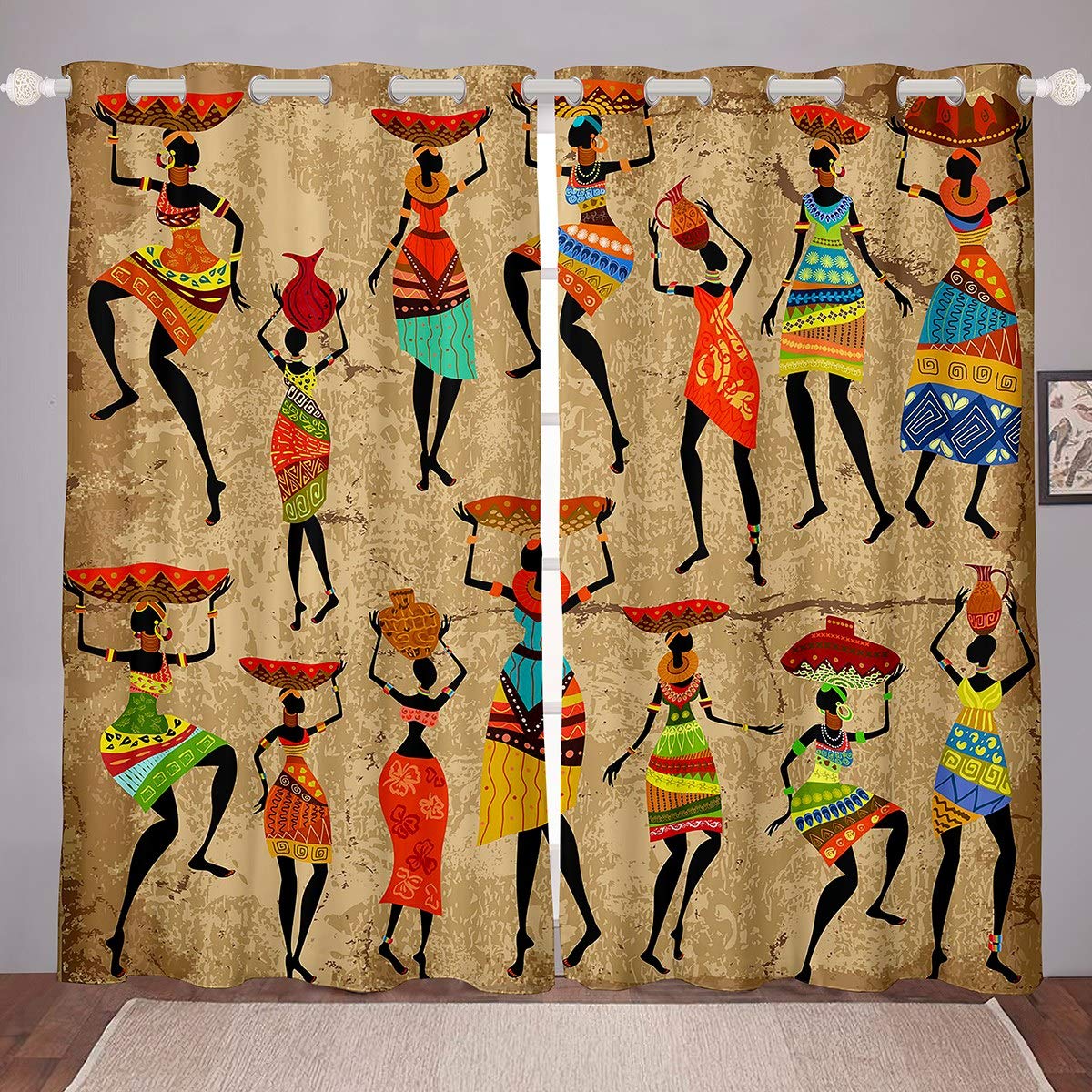 Tbrand Girls Multi 15 African Woman Print Curtains African Pattern Window Treatments For Kids Teens Women Retro Ethnic Afro Decor Window Drapes Traditional Exotic Boho Window Curtain Bedroom W66*L72
