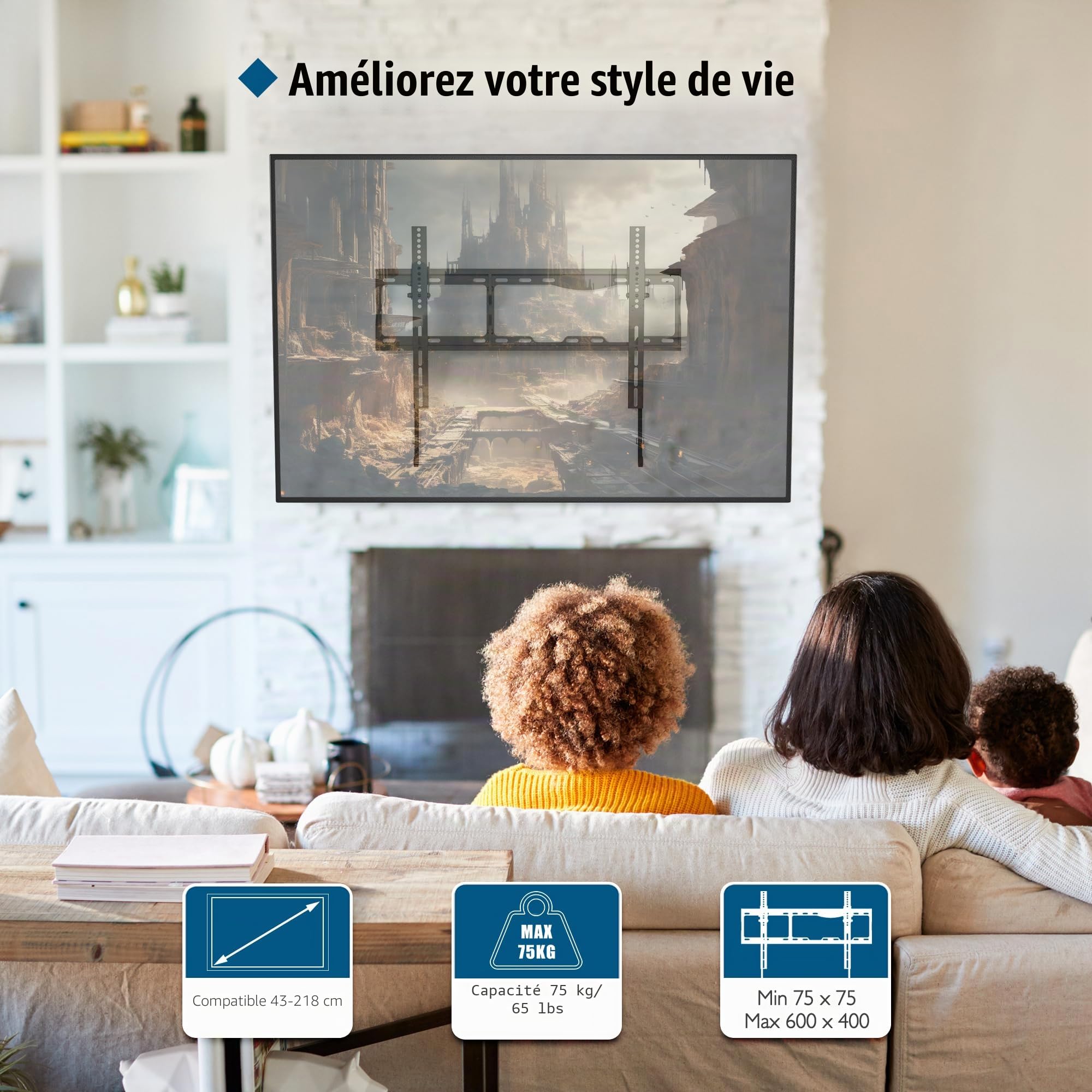 BONTEC Support Mural TV 17-86 Pouces, Fixation Murale Inclinable jusqu'à 75 kg, Compatible VESA 75x75 à 600x400mm, Support TV Mural Orientable avec Niveau à Bulle et Attaches de Câble Inclus