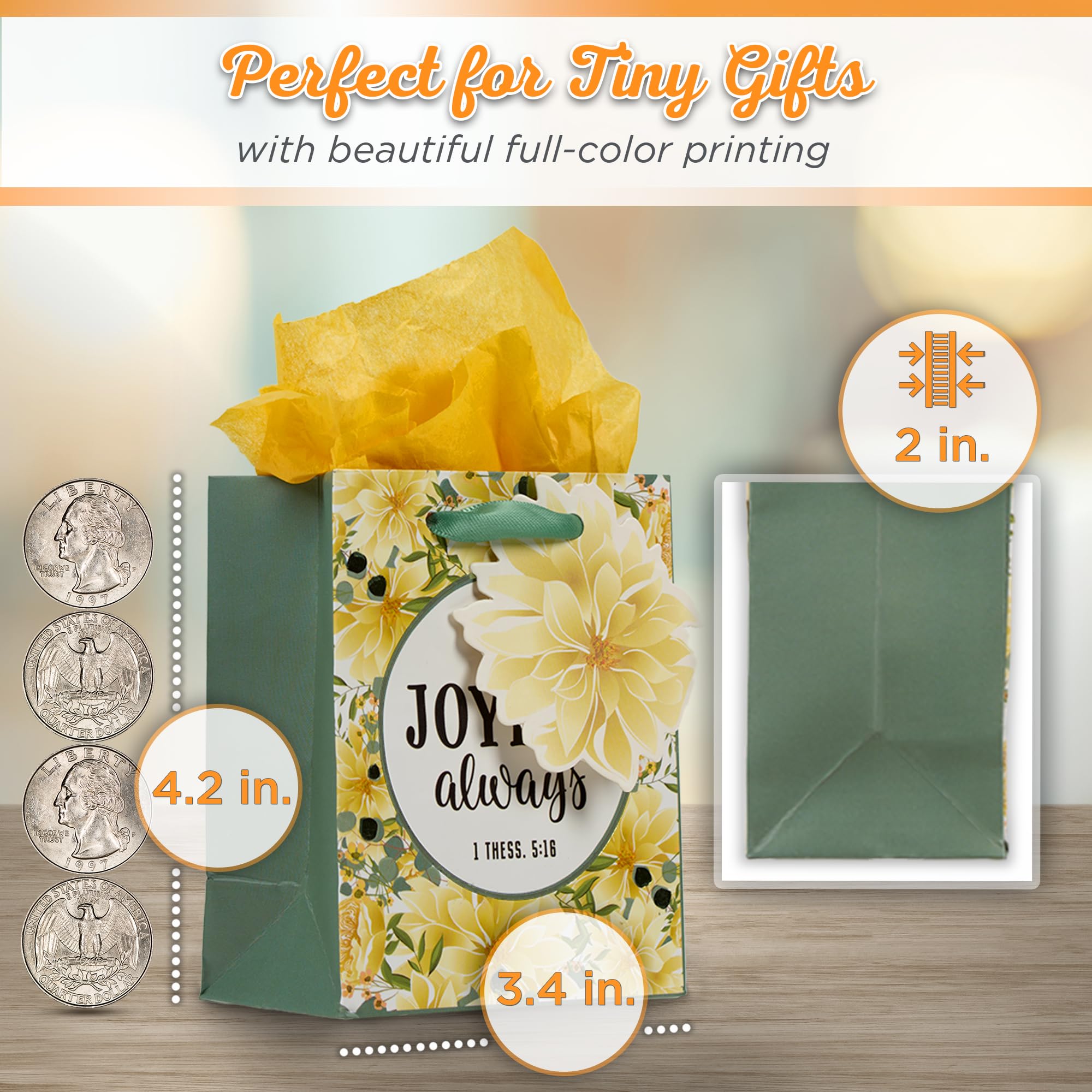 Christian Art Gifts Gift Bag/Tissue Paper Set Be Joyful Always 1 Thessalonians 5:16 Bible Verse, Yellow Floral, Extra Small