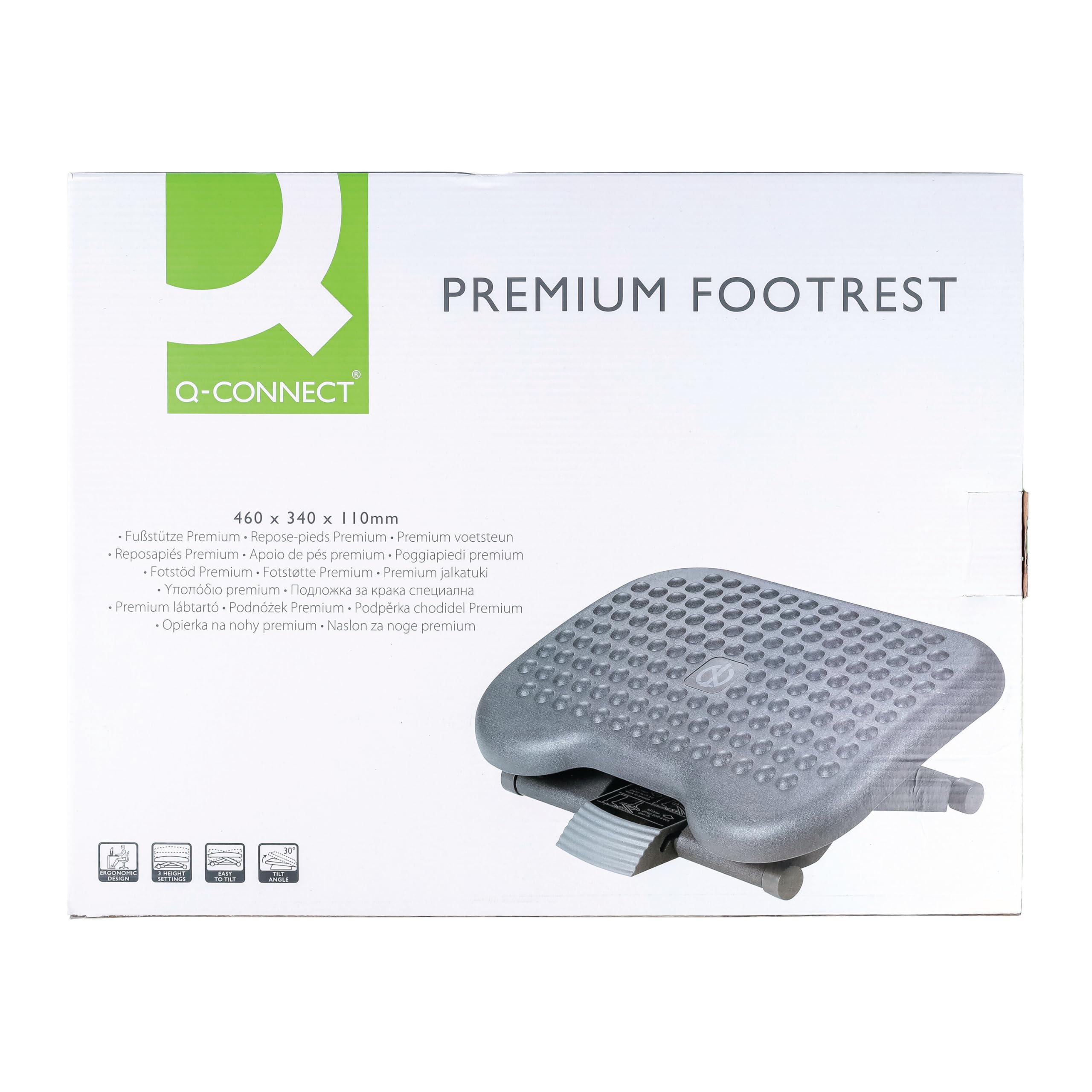 Q-Connect Premium Fußstütze aus Kunststoff / 3 Höhen Verstellbar 11 x 14 x 17 cm/Ergonomische Fußstützen Fußablage/Schwarz