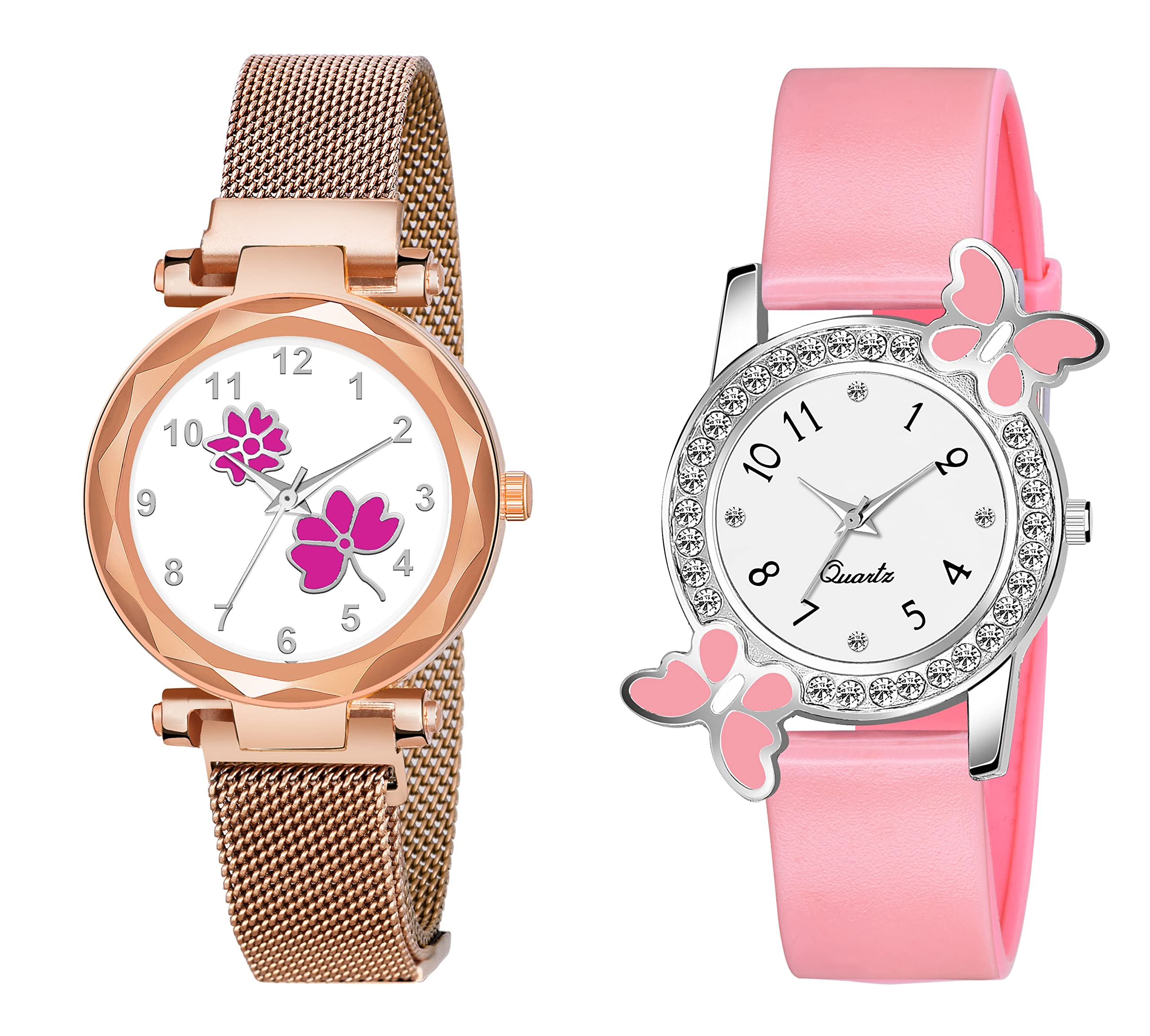 KIROH Analogue Flower Dial Magnetic and White Dial Butterfly Pu Strap Combo Girl's and Women's Watch