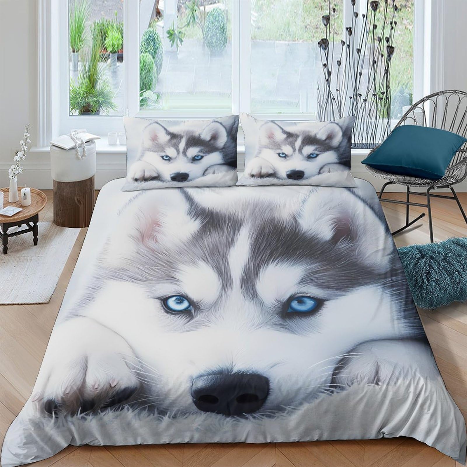Ctjqhvkz Style-9 3D Printed Husky Dog Fitted Sheet Microfiber Anti-Slip Bedroom Decor Bed Cover For Home Guest Room Single（135X200cm）