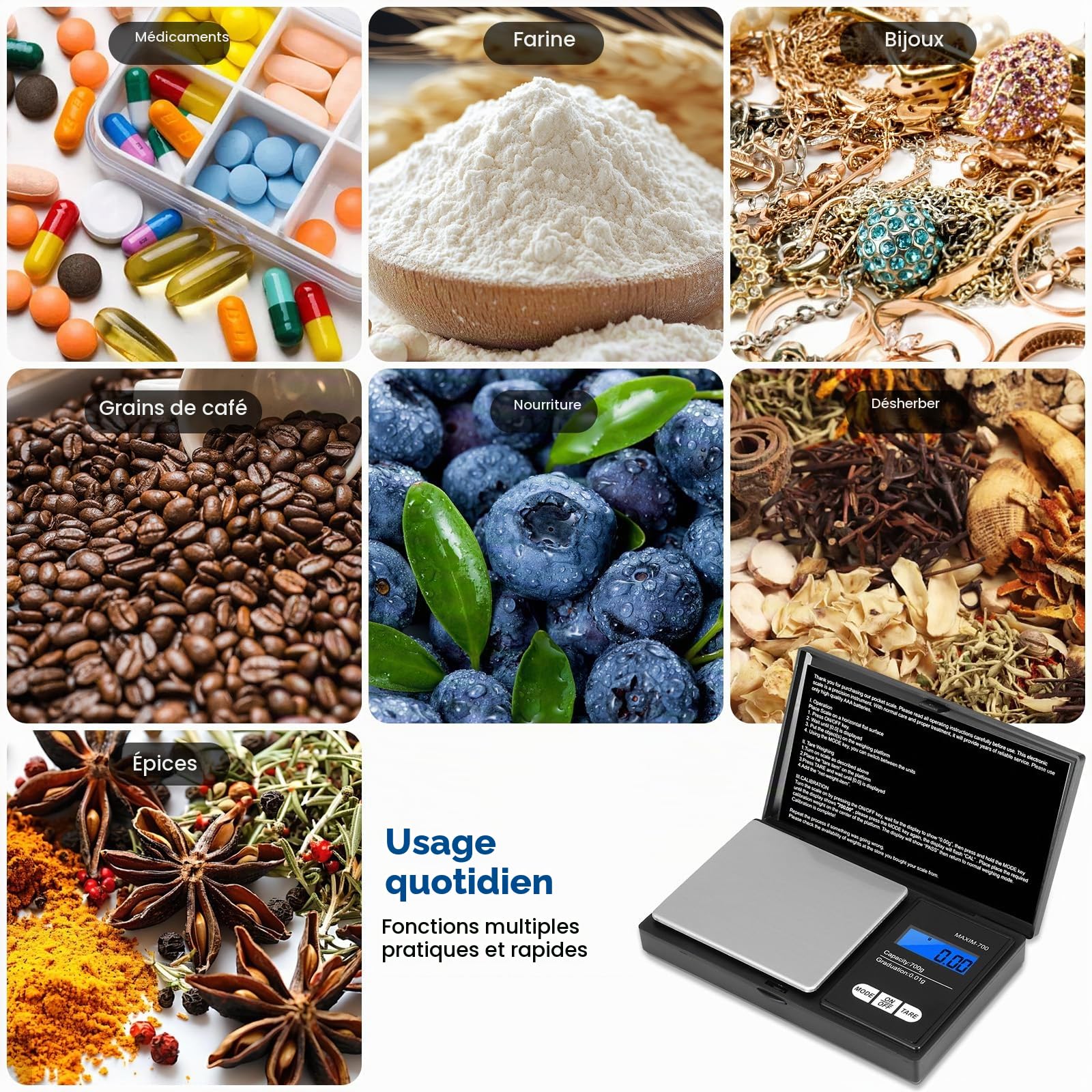 Balance de Précision Oderra 700g/0.01g, Balance à Bijoux Portable avec Écran LCD Rétroéclairé