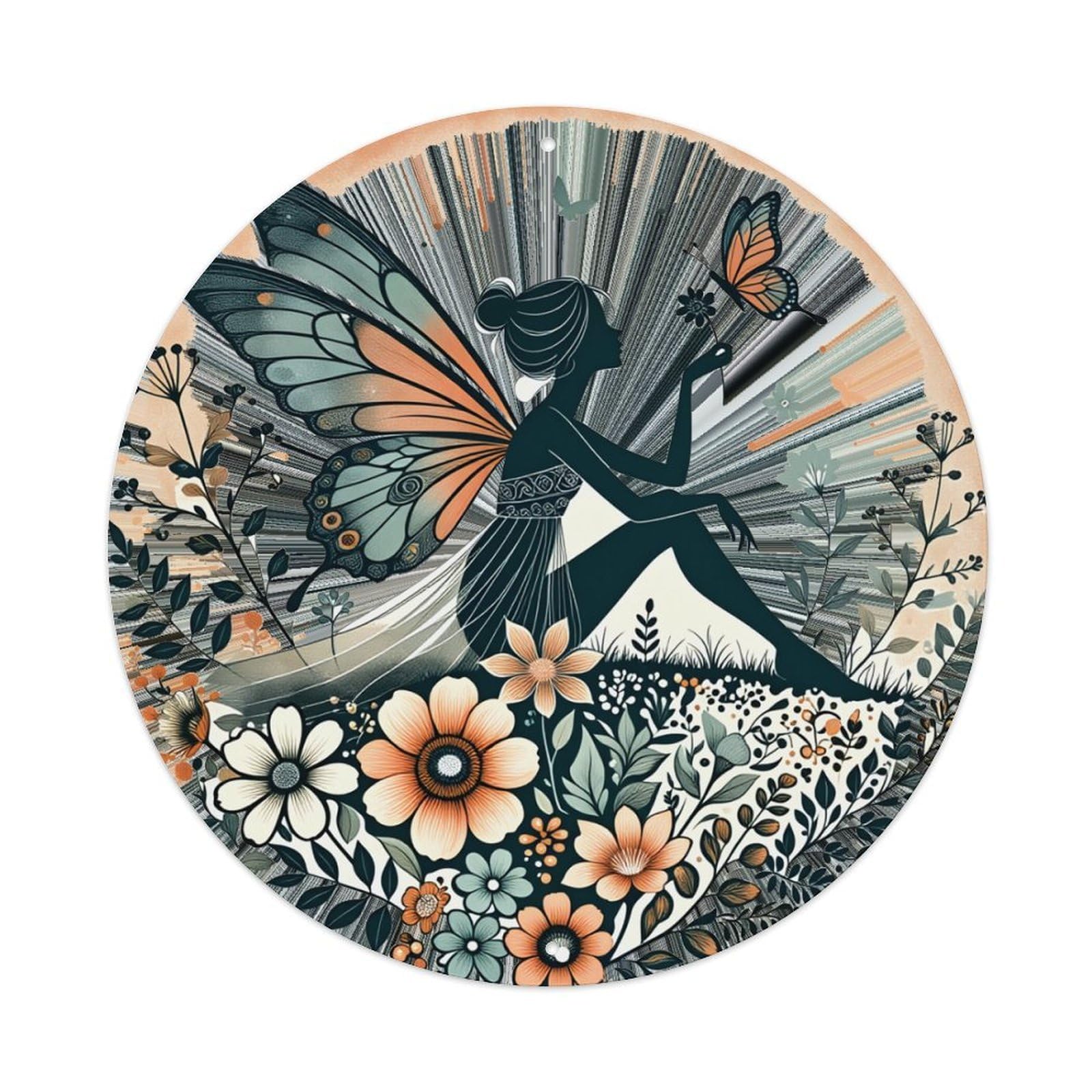 Fairy Silhouette Floral Wings Butterfly Round Tin Sign Retro Metal Sign for Cafe Bar Pub Home Game Room Gym Club Wall Decoration Vintage Metal Poster 8x8 Inch