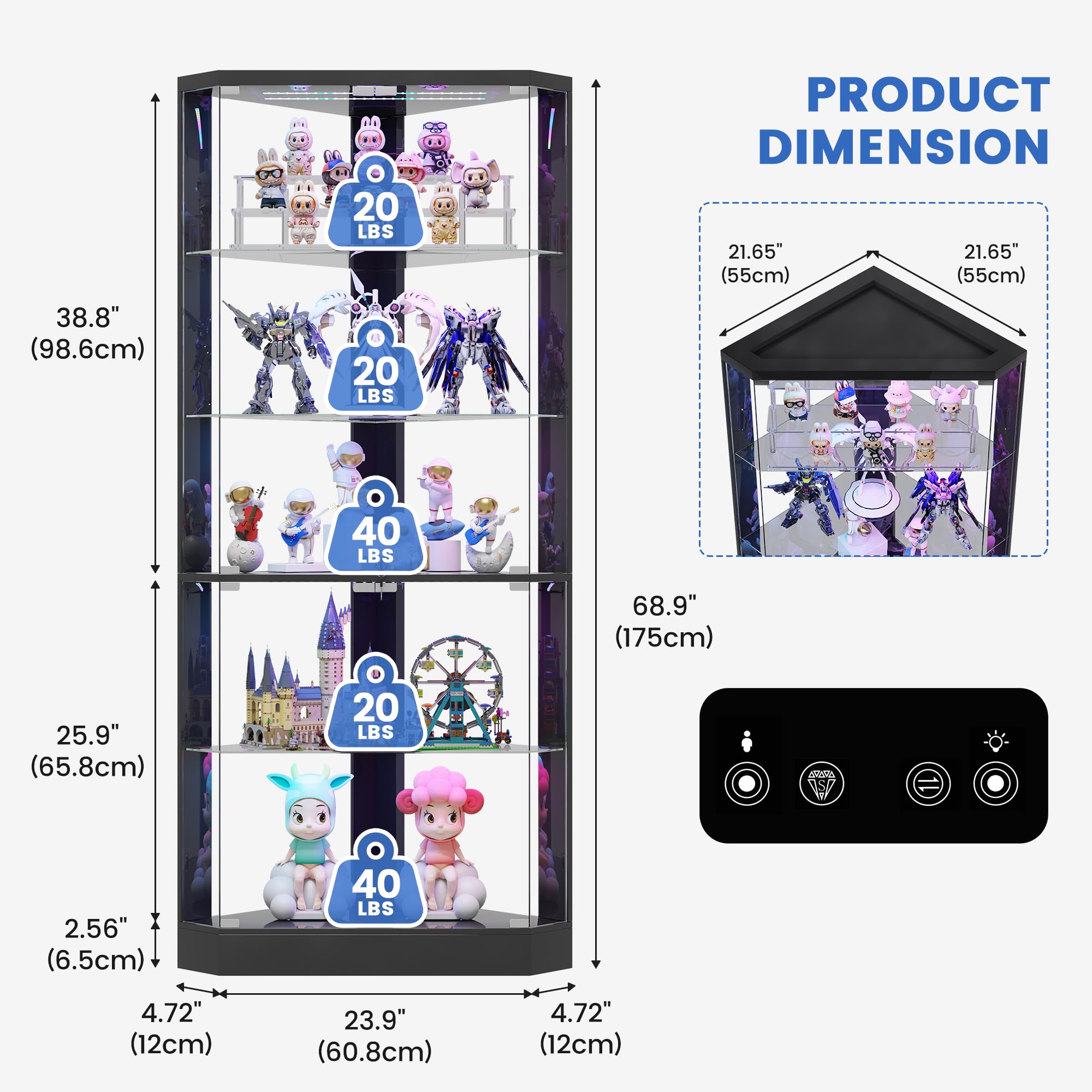 Lvifur Eckvitrine mit LED Beleuchtung & Glastüren für Sammlervitrine und Wohnzimmer, Vitrinenschrank mit Menschlicher Sensor für Schlafzimmer Studierzimme,175cm 5-Lagen Glasvitrine Schwarz