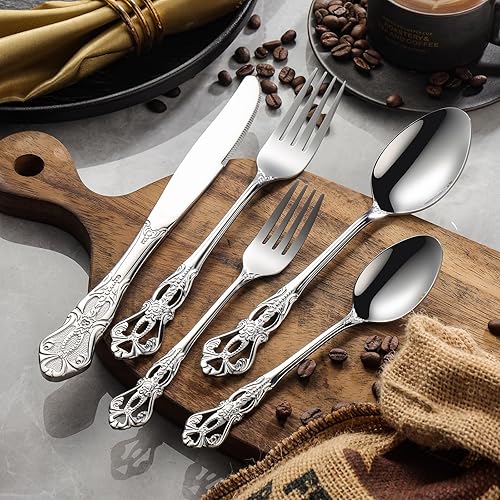 Miniatura 3 de Juego de cubiertos de acero inoxidable de 40 piezas, incluye tenedor, cuchara y cuchillo, magnífico juego de cubiertos, juego de utensilios de