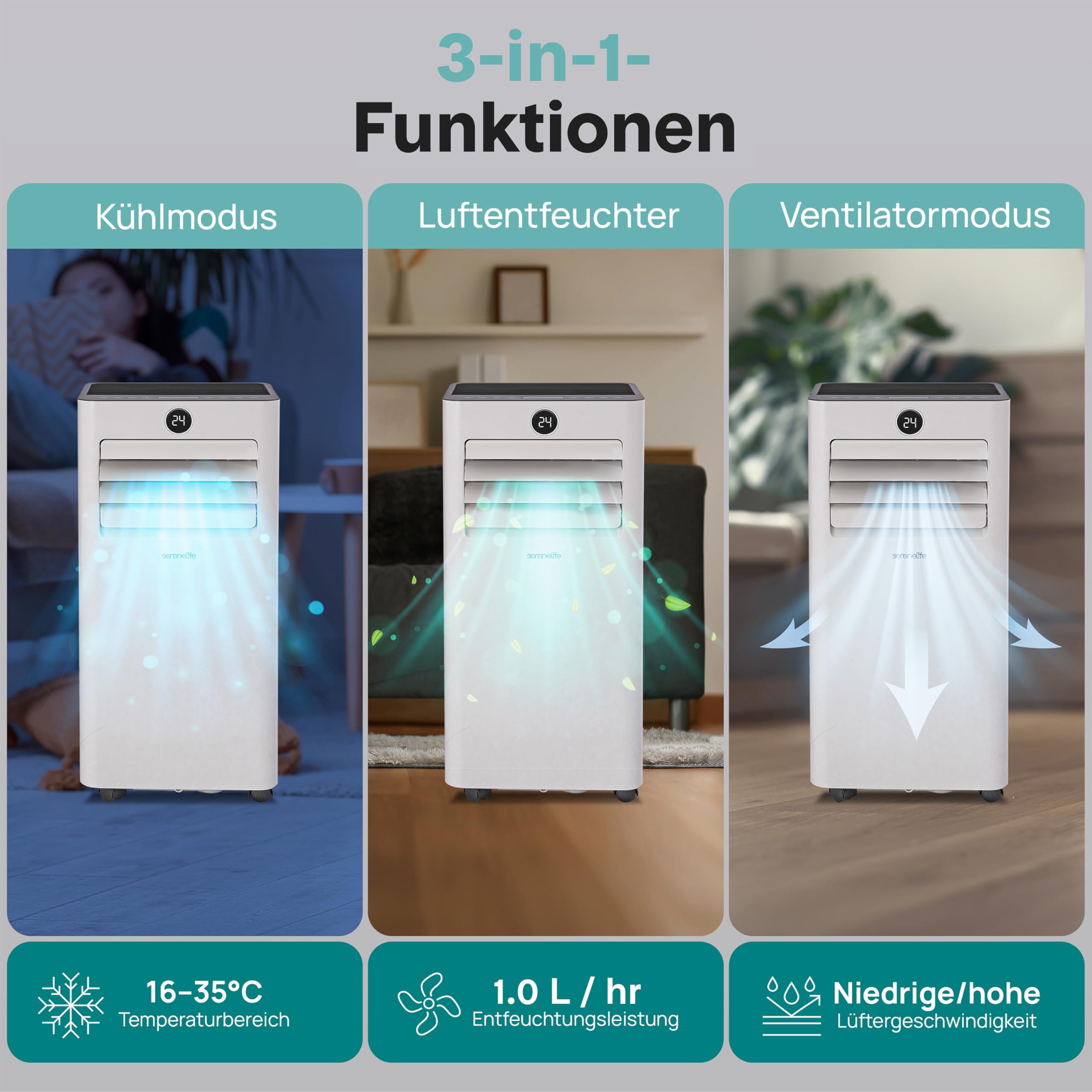 SereneLife Klimaanlage Mobil mit Abluftschlauch 7000BTU, WLAN- 3-in-1 Klimagerät für Heiße Sommertage mit Entfeuchter und Ventilator, Fensterkit, 24h Timer, Leise, für Räume bis 33m²