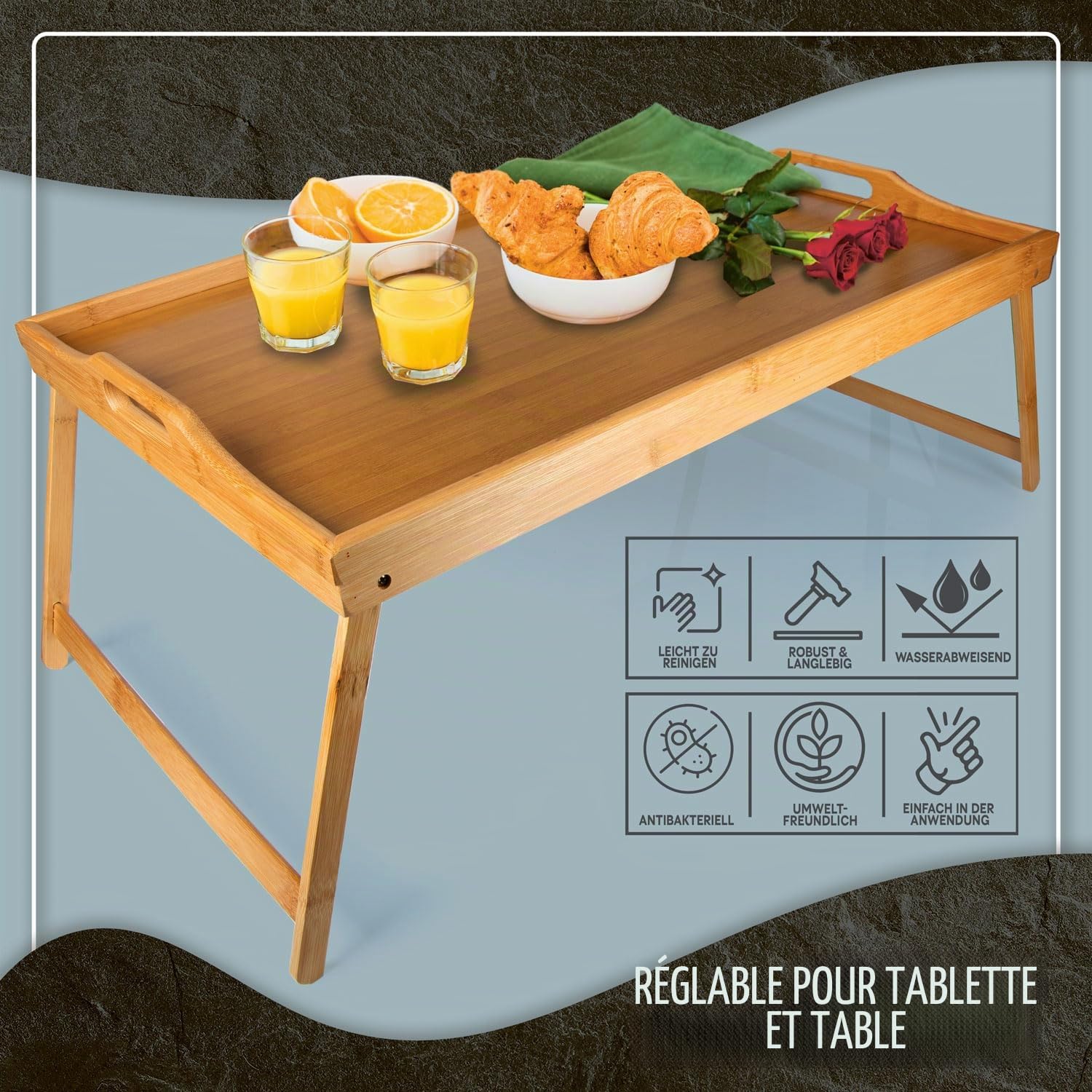 Plateau de Petit Déjeuner en Bambou, Table de Lit avec Pieds Pliables, Lapdesk pour Ordinateur Portable XXL Naturel