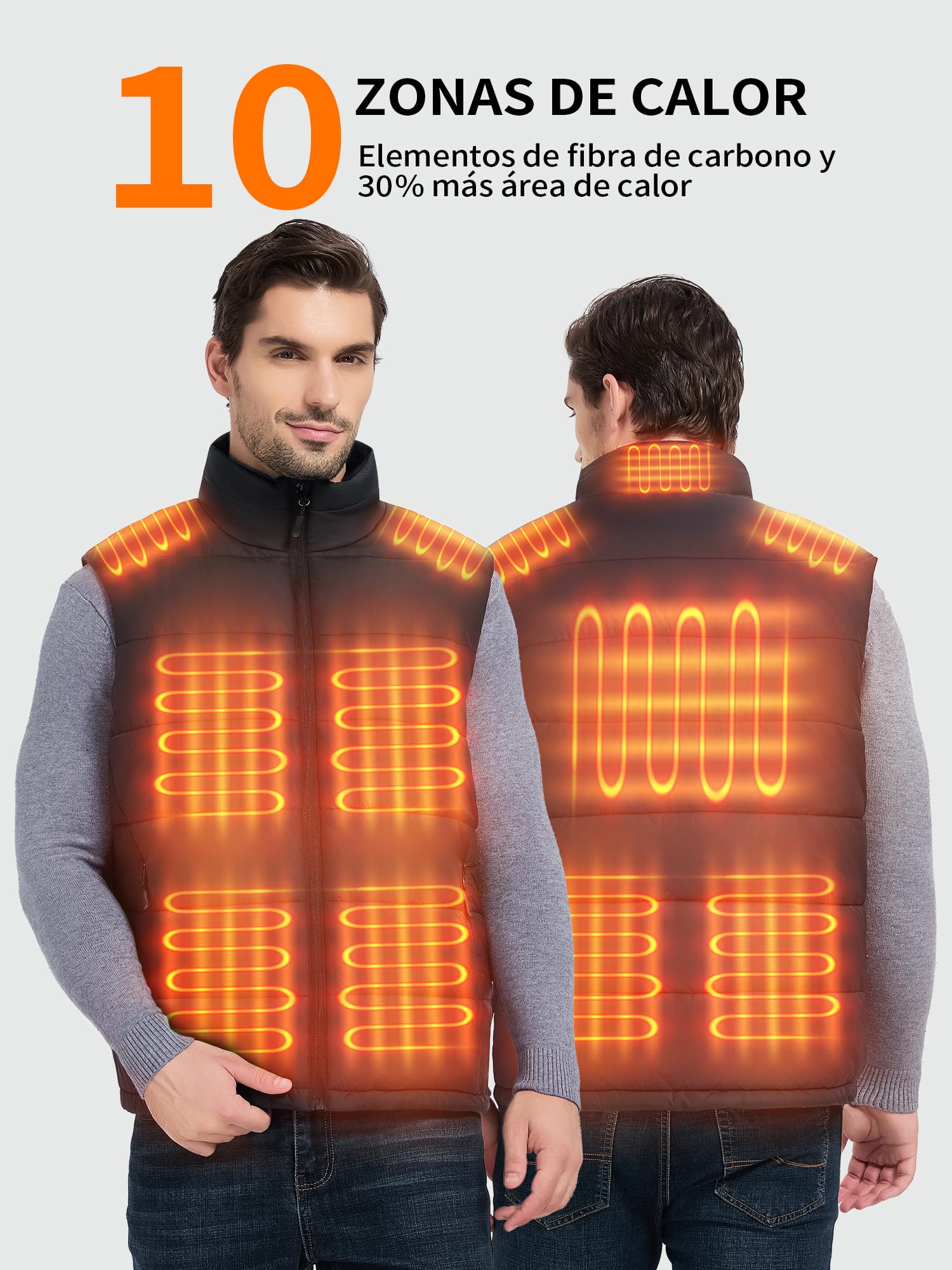Chaleco Calefactable Hombre Mujer con Batería 7.4V 18400mAh, Chaleco Térmico Eléctrico con 10 Zonas de Calor y 3 Niveles Ajustables, Chaqueta Calefactable para Ciclismo, Esquí y Pesca