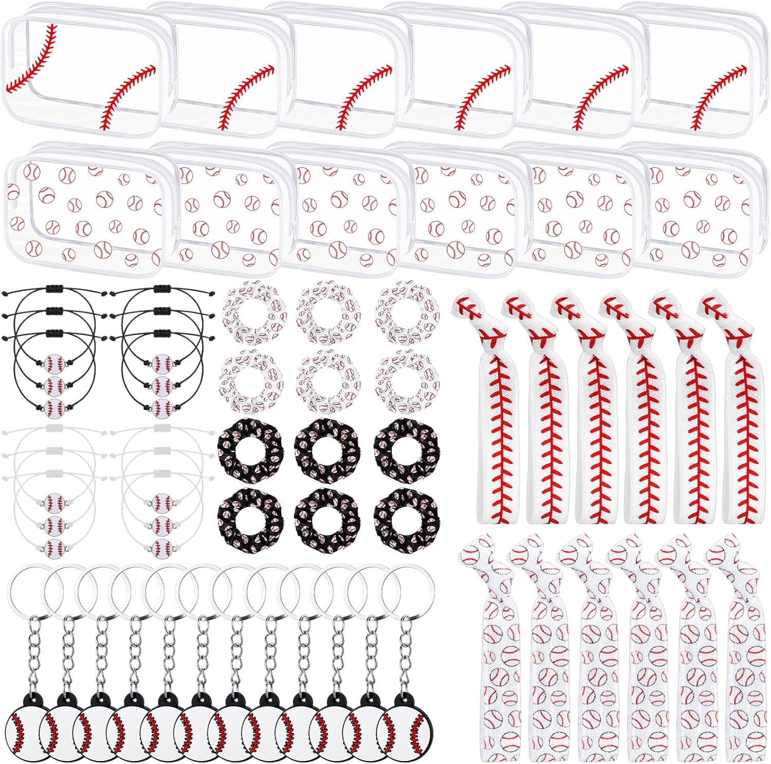 Zeyune 60 Pcs Baseball Party Favors Set - Cosmetic Bags, Keychains, Charm Bracelets, Hair Ties, Scrunchies for Baseball Party Decorations Supplies