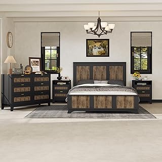 4 Pieces Farmhouse Bedroom Sets Queen Size Platform Bed with Wooden Strip Stickers Decoration, 2 Storage Nightstands and A 6-Drawer Dresser with Metal Handle for Kids Teens Adults - Black