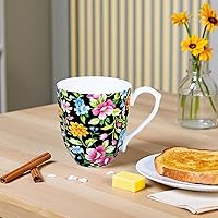 Vista 4 de Taza floral de porcelana de hueso de 14 onzas, taza de café floral para mujeres y hombres, taza de té de café de porcelana de hueso con asa cómoda