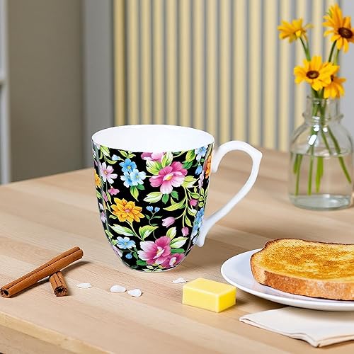 Miniatura 4 de Taza floral de porcelana de hueso de 14 onzas Taza de café floral Novetly para mujeres y hombres, taza de té de café ligera de hueso con asa