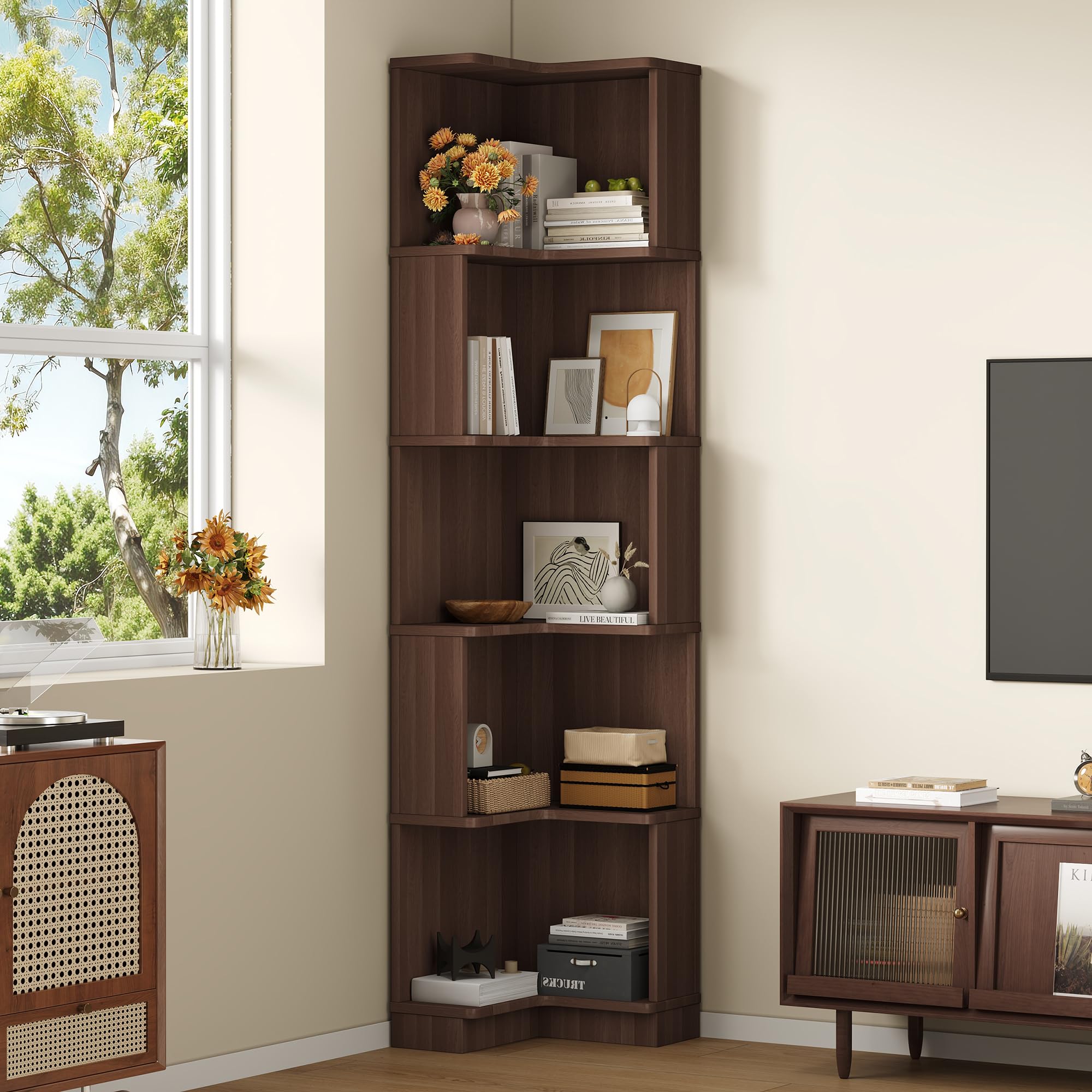 BTM Eckbücherregal mit LED-Lichtleiste Eckregal Holz Stehend Wohnzimmer Bücherregal Schmal, Braun 63.5 x 45 x 175cm