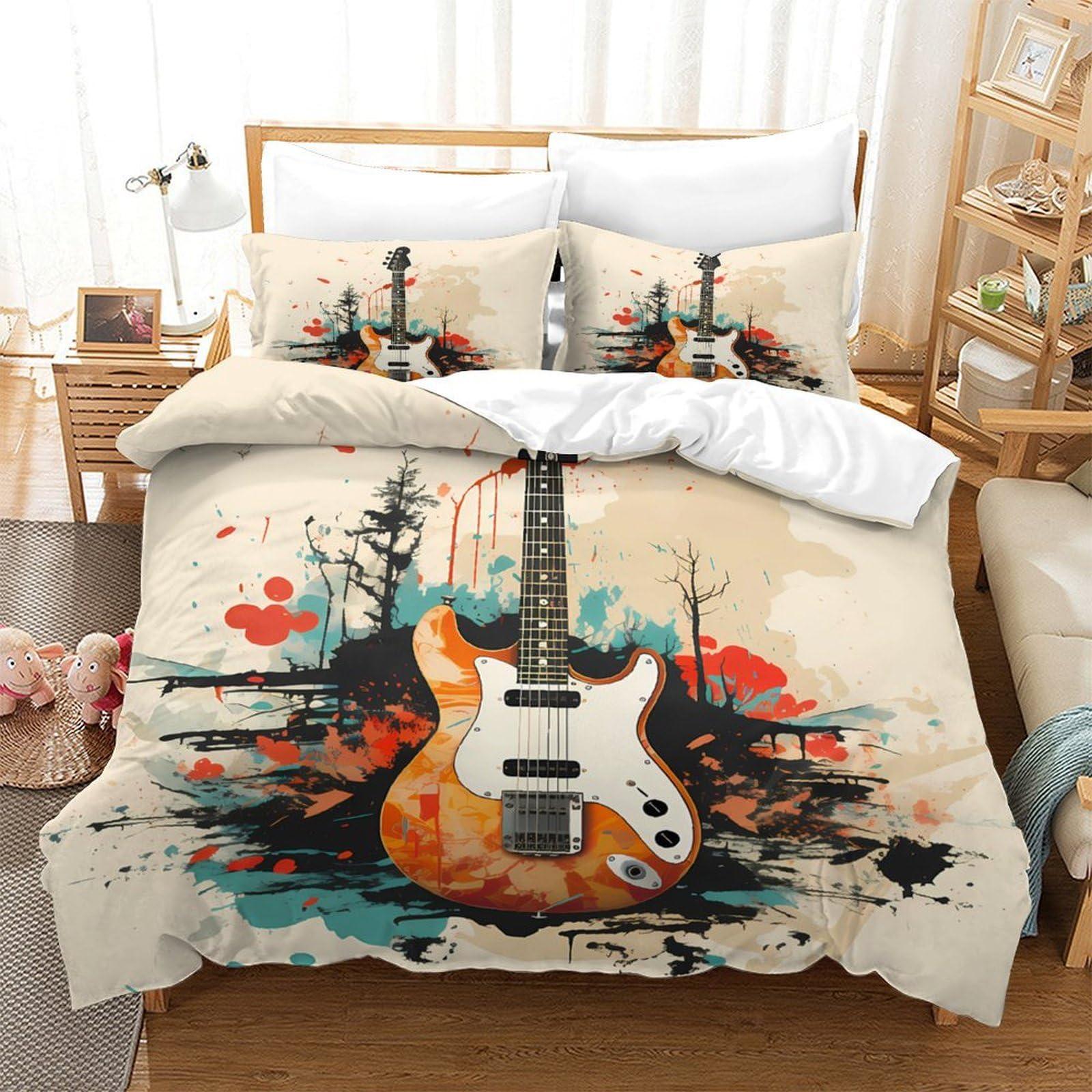 Electric Guitar—Rock Music Art Duvet Cover Set 3 PCS Hotel Quality Quilt Cover Bedding Set Bed Covers with Pillowcases with Zipper Closure Breathable Stylish Comforter Single（140x200cm）
