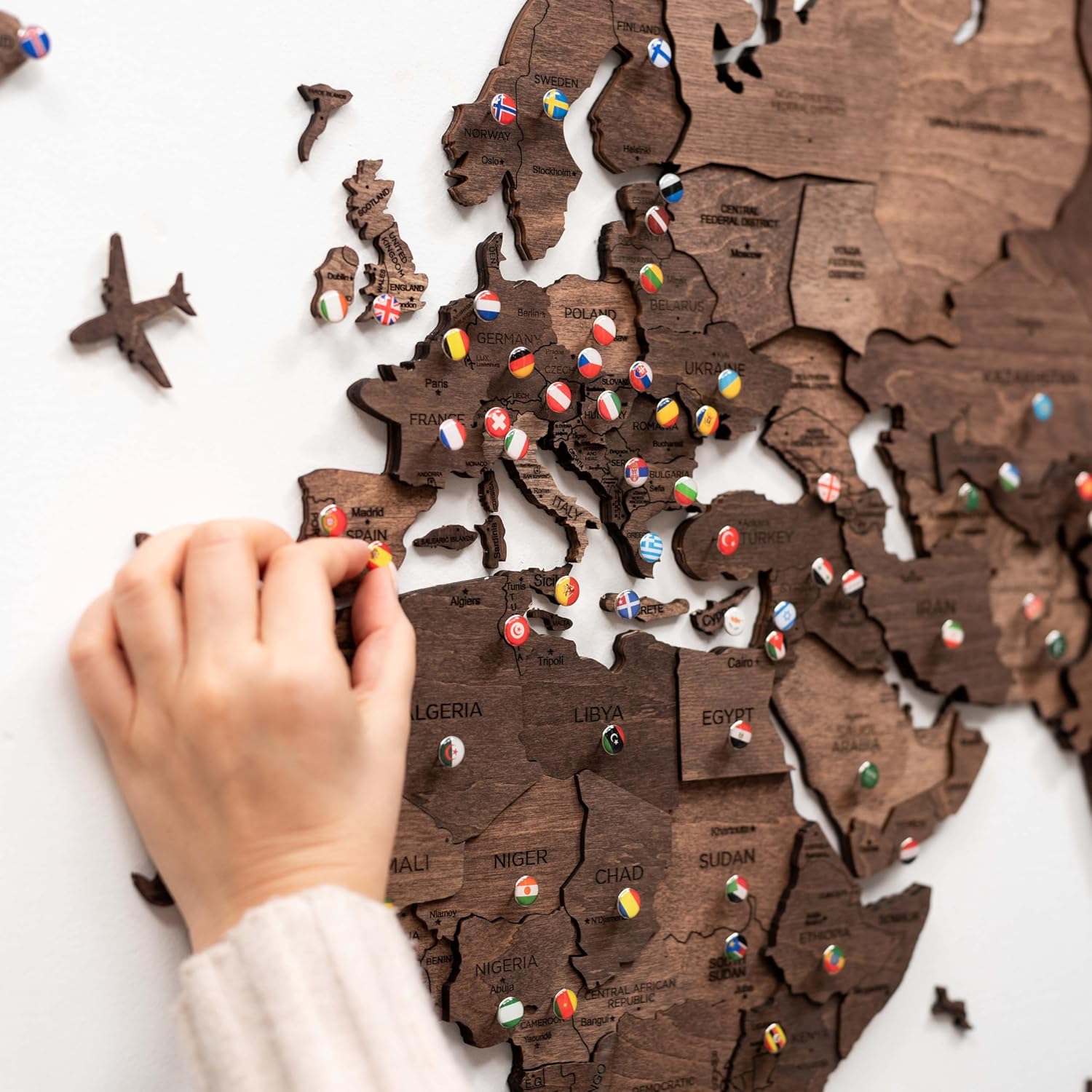 Enjoy The Wood 3D Wood World Map Wall Art Large Wood Wall Décor Housewarming Gift Idea Art World Travel Map For Home & Kitchen or Office (Large, Dark Walnut)