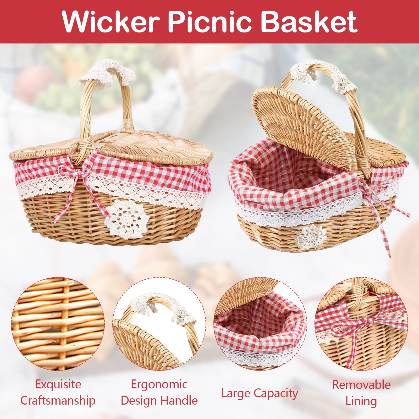 Weide Picknickkorb, Tragbarer Picknickkorb für den Außenbereich mit Deckel und Griff, Geflochtener Weidenkorb Praktischer Ovaler Rattan Aufbewahrungskorb für Picknick und Einkauf