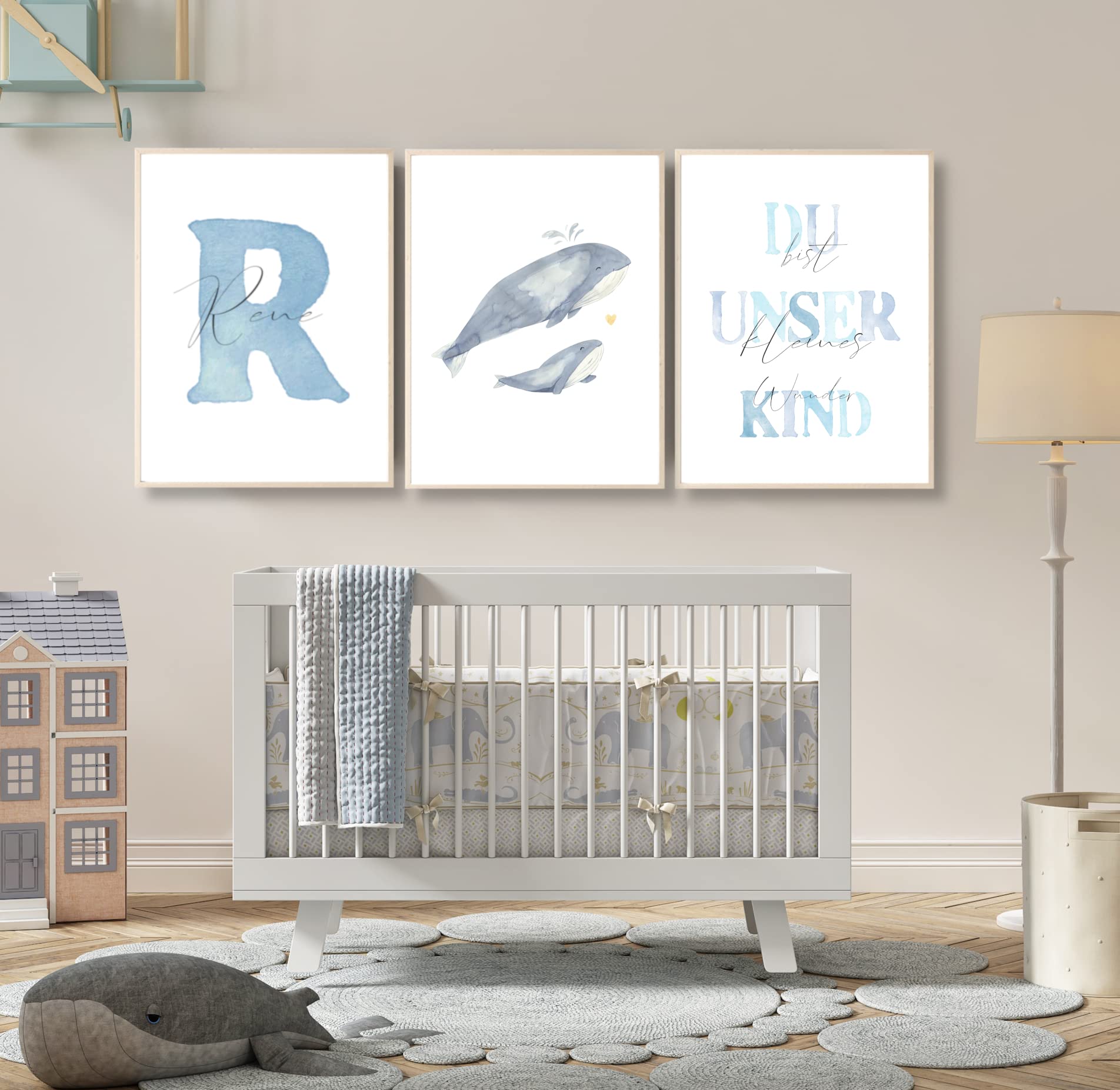 Pandawal Kinderzimmer Bilder mit Spruch und Name Wal 3er Poster- Set für Mädchen und Junge Wandbilder