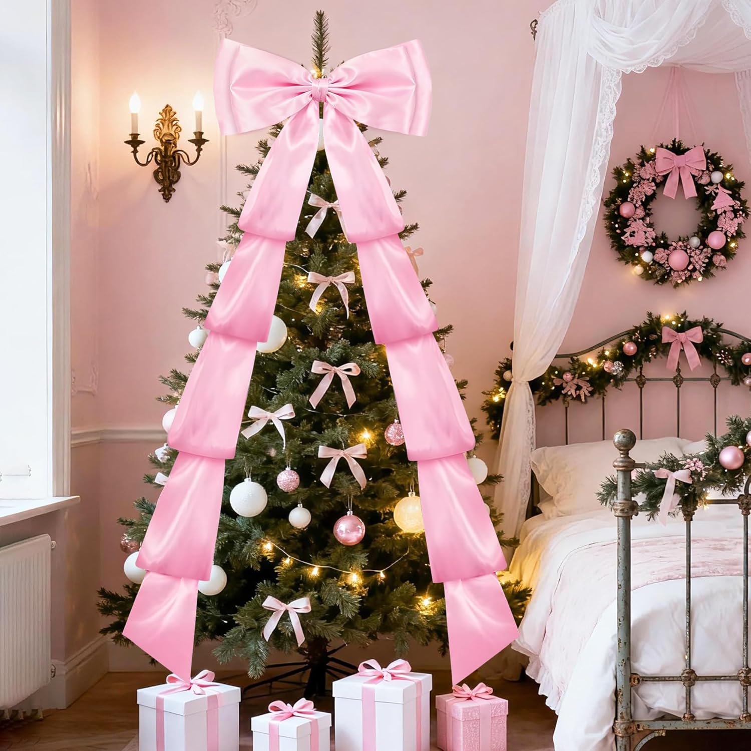 Valentine's Day Decoration Extra Large Tree Topper Giant Pink Bow 118×28" Double Layer Valentine's Bow with Long Streamers Huge Oversized Topper Decor for Home Wreath Door Valentine's Wedding Party