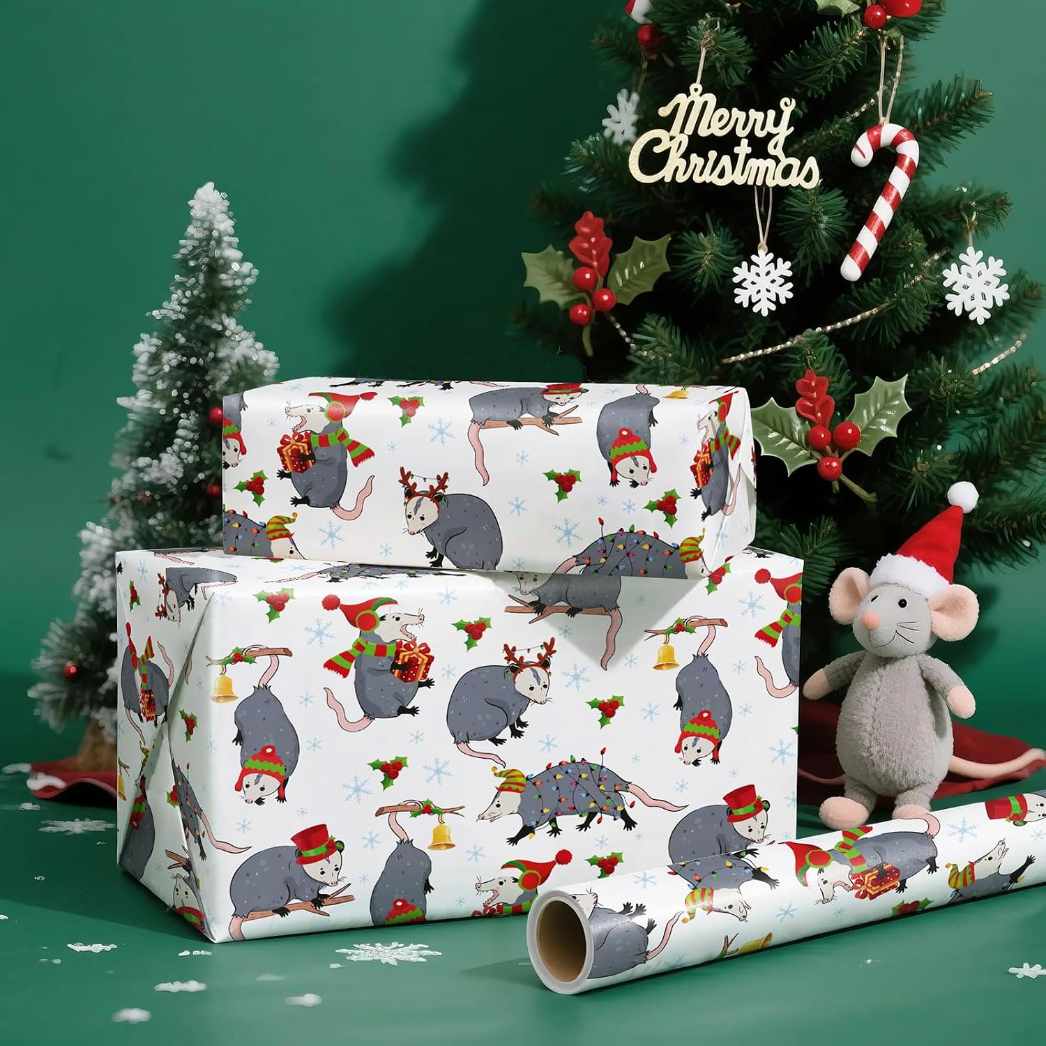 WRAPAHOLIC Animal Wrapping Paper Roll - Wrapping Paper for Christmas, Holiday, Party Celebration, Possum - Santa Hatted,17 Inch x 16.5 Feet image 4
