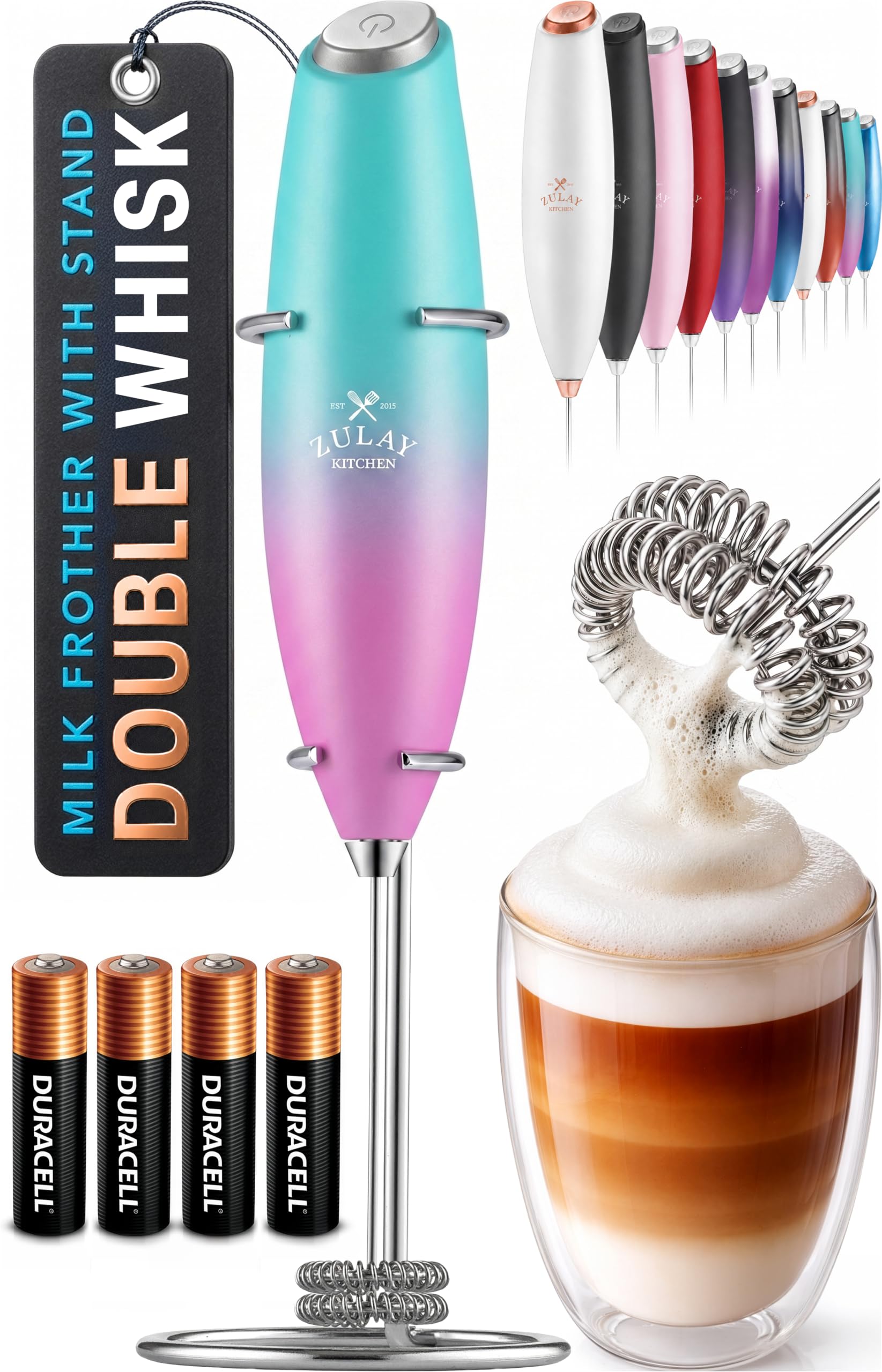 Zulay Kitchen Powerful Milk Frother Wand With Duracell Batteries - Ultra Fast Handheld Drink Mixer - Electric Whisk Foam Maker for Coffee, Lattes, Cappuccino &amp; Matcha - Double Whisk - Bubblegum