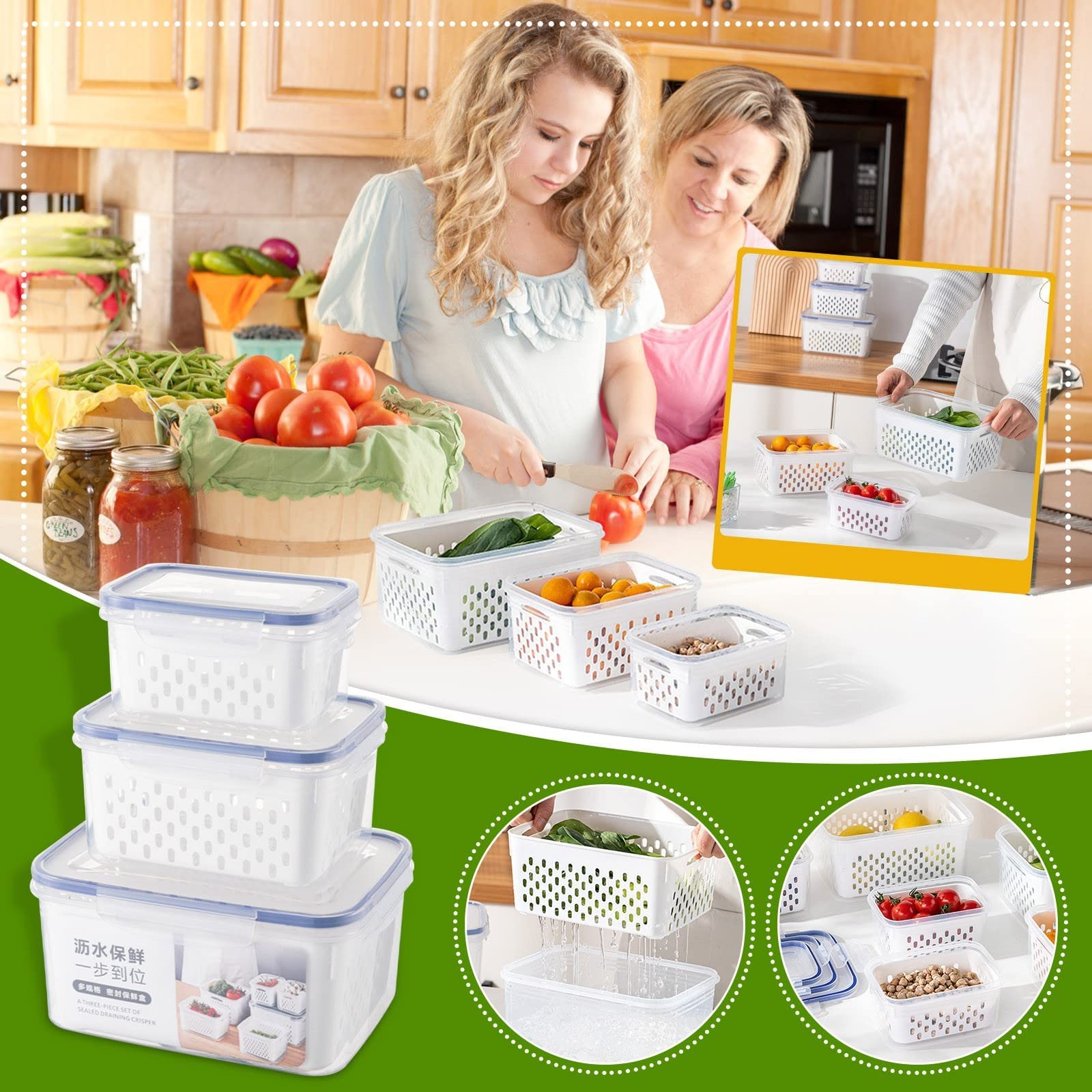 Organizador Dividido Para Refrigerador, Contenedores De Almacenamiento De Alimentos Con Tapas, Apilables, Organizadores De Refrigerador, Con Asa Para Preparación De Frutas, Verduras, Comidas Y