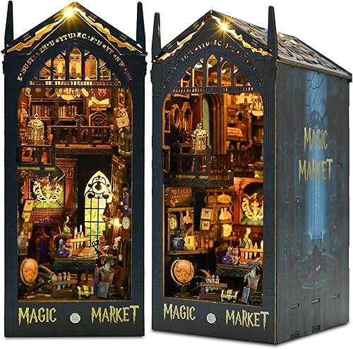 Kit de rincón de libros para bricolaje, rompecabezas de madera 3D con decoración LED, sujetalibros de diorama de bricolaje, modelo, manualidades,