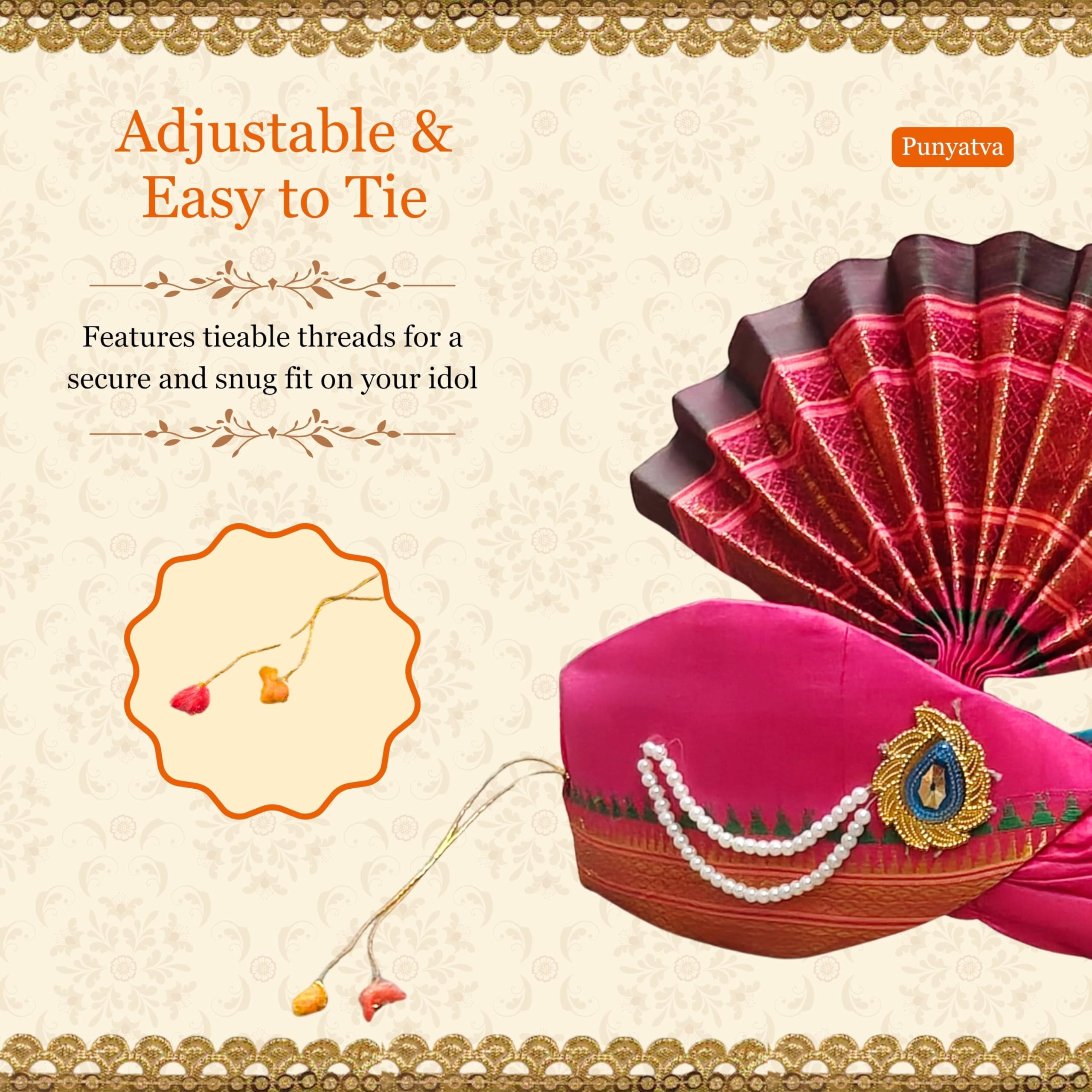 PUNYATVA Ganesh Feta Mukut (Turban, Silk, Pink) / Adjustable Ganesh Pheta, Gauri Ganpati Festival Decoration Accessories, Jewellery, Crown, Makhar, Traditional Pagdi, God Idol Headgear 3