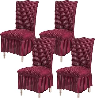 Zeyeo Juego De Fundas para Sillas De Comedor De Seersucker (2/4/6), Fundas Elásticas con Faldón para Comedores De Fiesta(Burgundy,Set of 4)