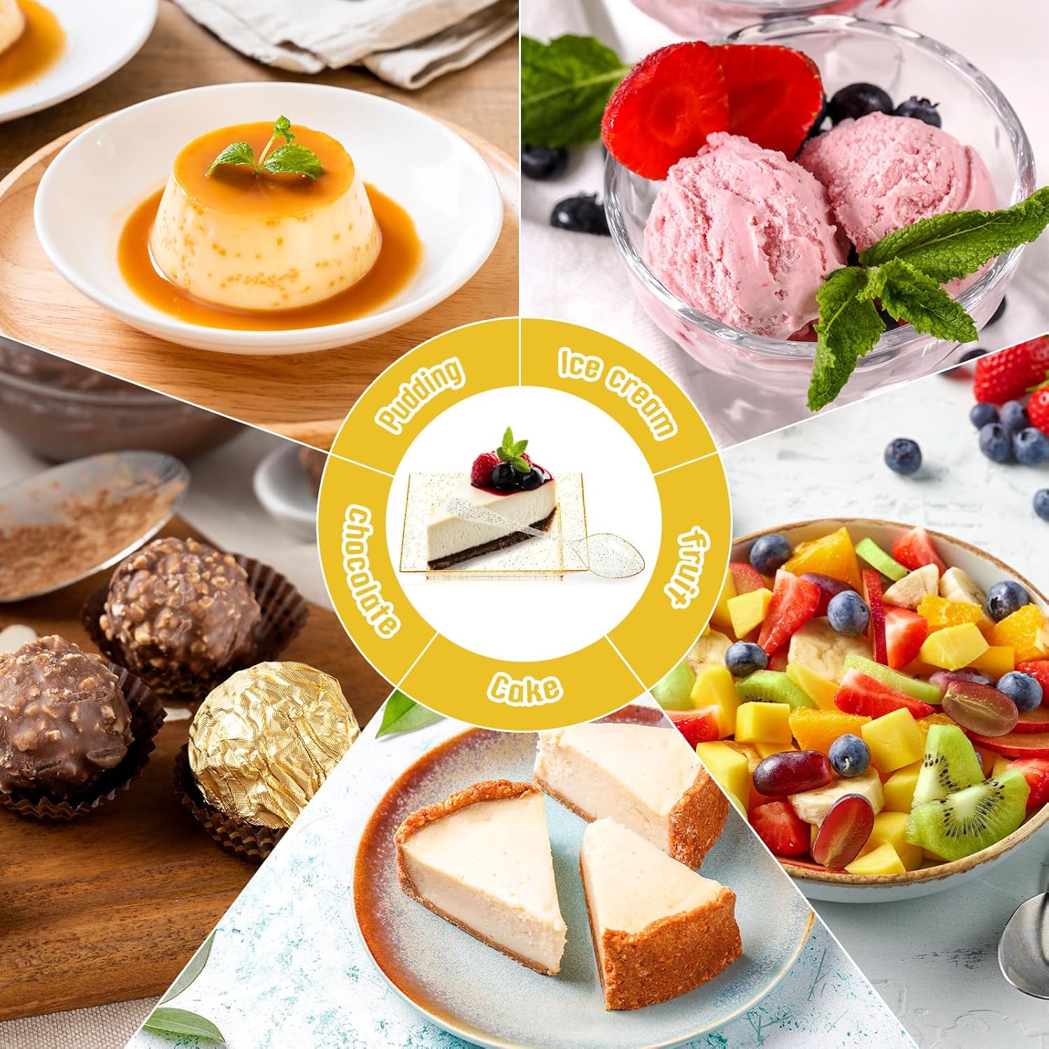 FYSUIMU 100Pcs Gold Plastic Square Dessert Plates with Spoons Disposable Cake Plates Small Salad Appetizer Tasting Tray for Wedding Birthday Reception
