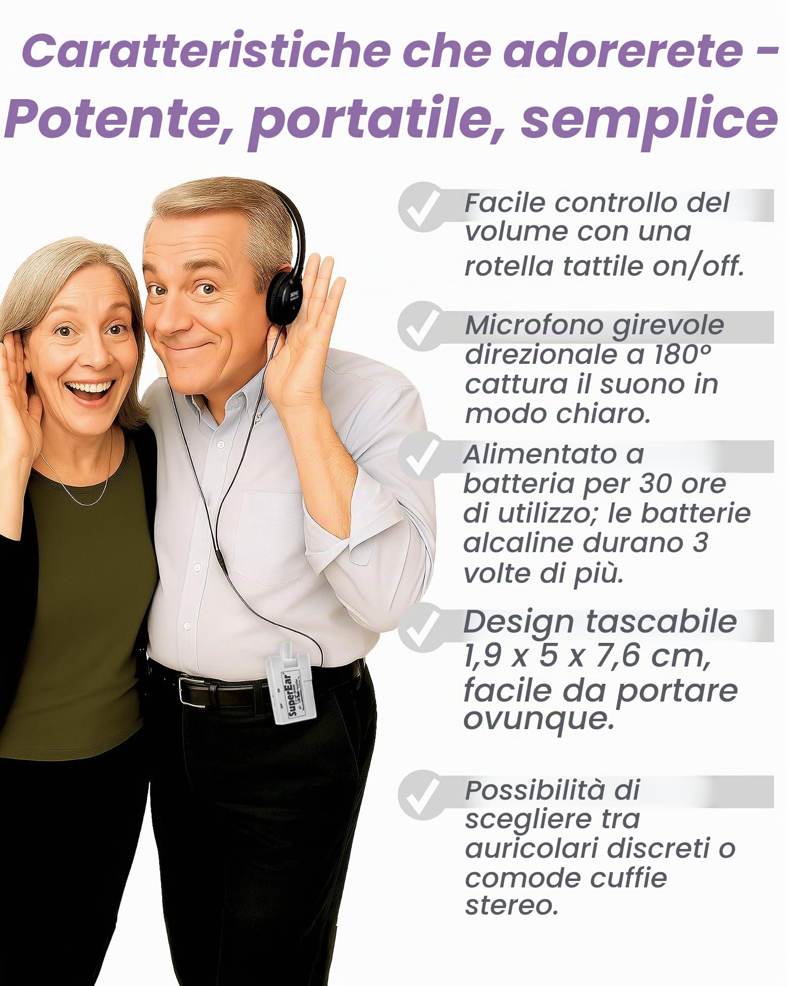 Amplificatore audio personale SuperEar modello SE5000 (PSAP), guadagno 50 dB, amplificatore audio tascabile portatile con cuffie, auricolari, controllo volume tattile on/off