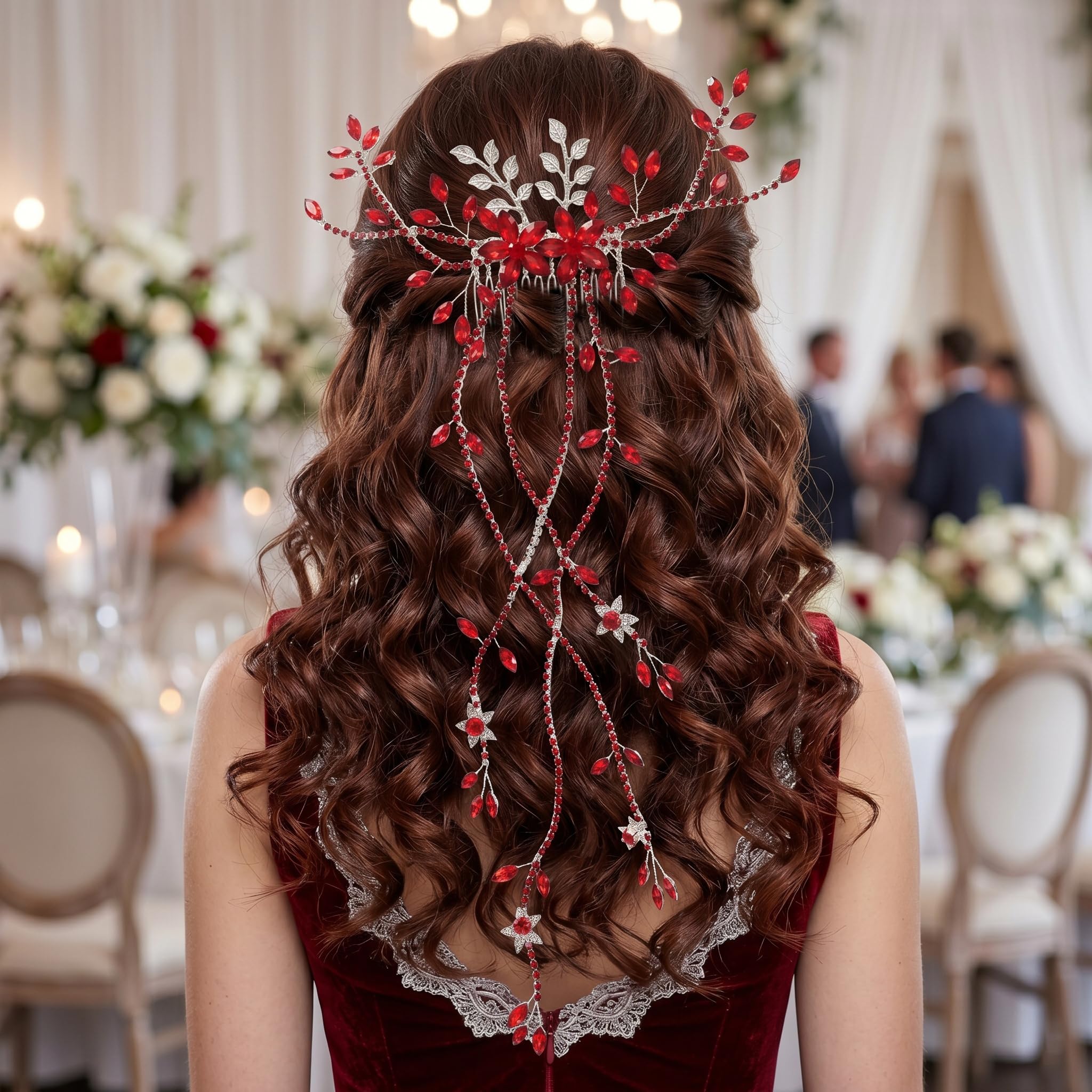 Copricapo da sposa per matrimonio, pettine per capelli con strass con foglia e nappa Accessori per capelli da sposa in lega fatta a mano per festa di ballo, rosso, copricapo per la