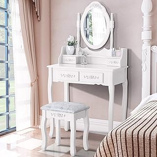 Mecor Vanity Table Set ,Makeup Table with Oval Mirror & Stool, Bedroom Wood Dressing Table with 4 Drawers White