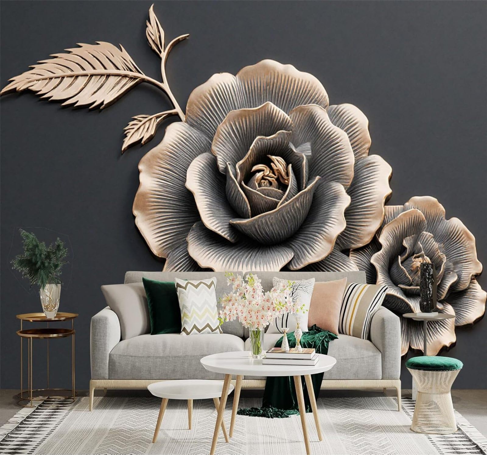 XLMING Metal Roses Art Elegance Golden Texture 3D Wallpaper Premium Textured Silk Study Dining Living Room Bedroom Sofa TV Wall Easy Install-350cm×256cm