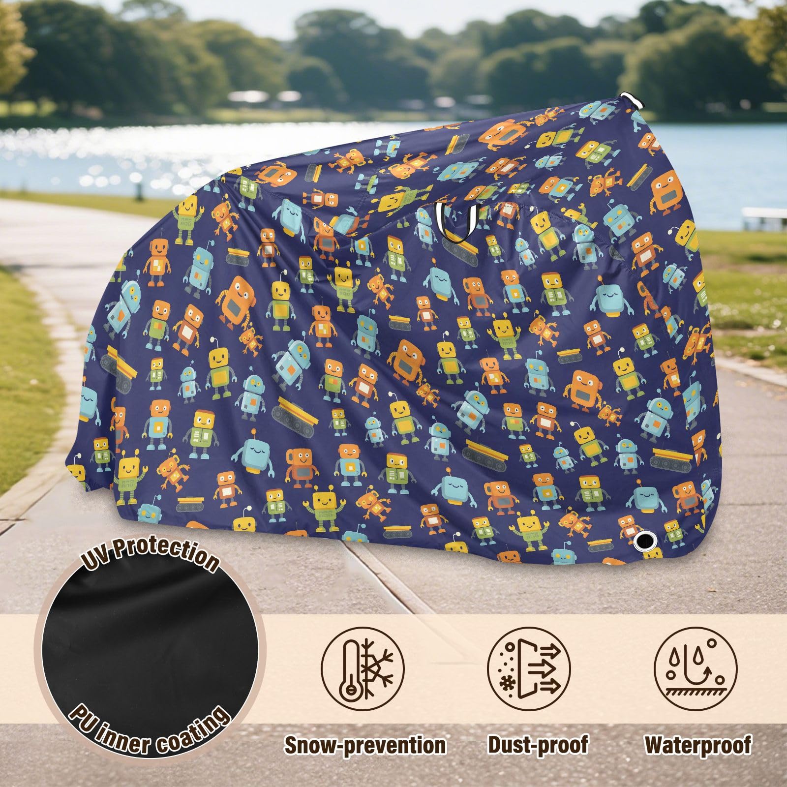 Pokrowiec na rower, wodoodporny, outdoorowy, rowerowy, motorower, odporny na deszcz, wytrzymały, wiatroszczelny, ochrona przed słońcem, do roweru górskiego, szosowego, kreskówkowego robota