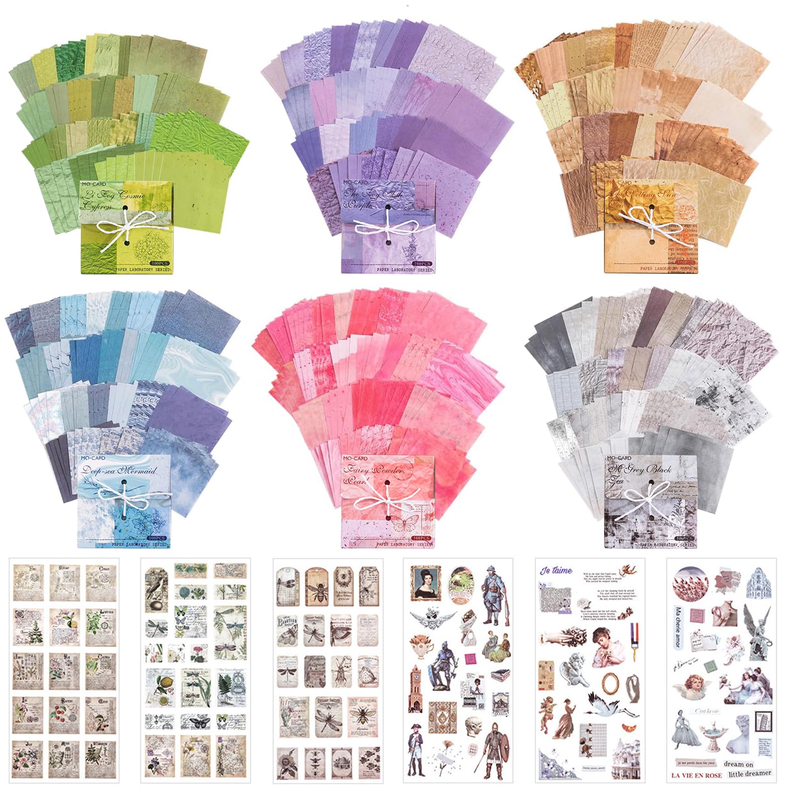 Carreuty 600 Sheets Vintage Scrapbook Paper with 6 Pcs Stickers, Rectangular Craft Paper for Scrapbooking, Pink, Green, Purple, Blue, Gray, Brown