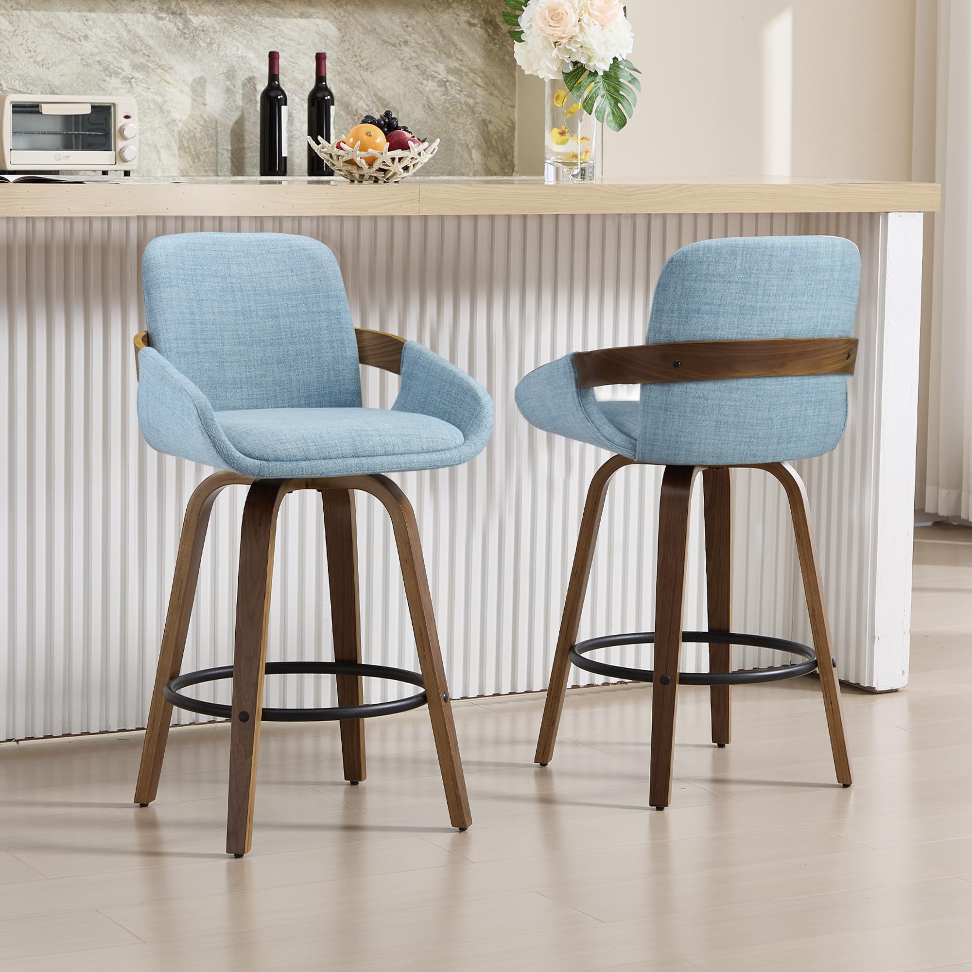 VipDesk Bar Stool Set of 2, Fabric Counter High Stools with Back and Armrest 360° Swivel Walnut Bar Chair for Kitchen Island Home Dining - Blue