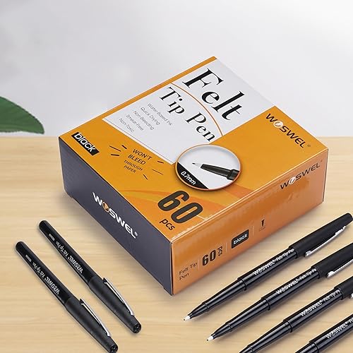 Miniatura 10 de WOSWEL Bolígrafos de punta de fieltro negra, 32 bolígrafos negros, bolígrafos de fieltro de punta media de 0.028 in, rotuladores de punta de fieltro