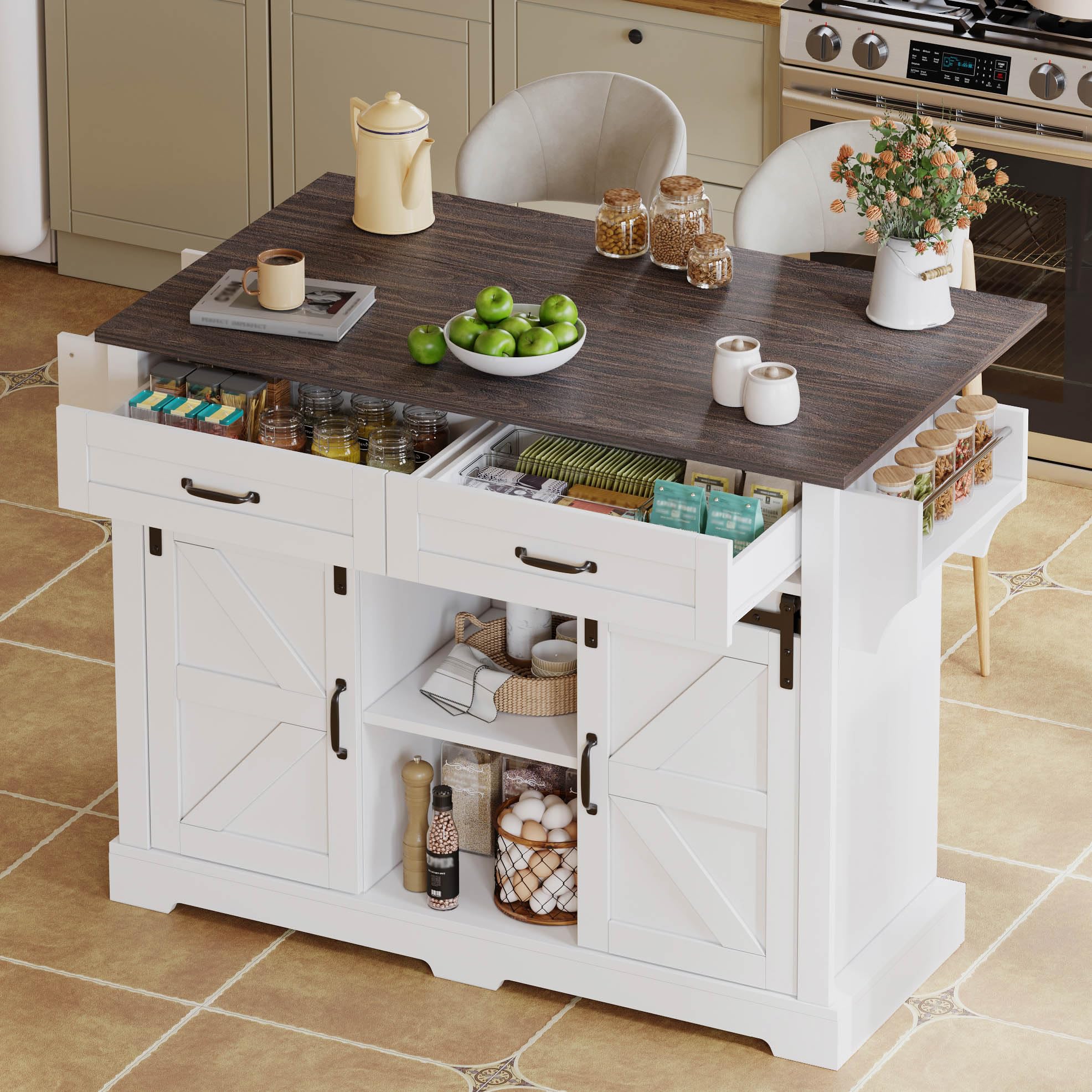 Isla de cocina con encimera plegable, carrito de cocina con ruedas, armario de cocina con 2 puertas correderas y 2 cajones, armario de almacenamiento de cocina, 120 × 45 (70)× 91 cm (blanco)