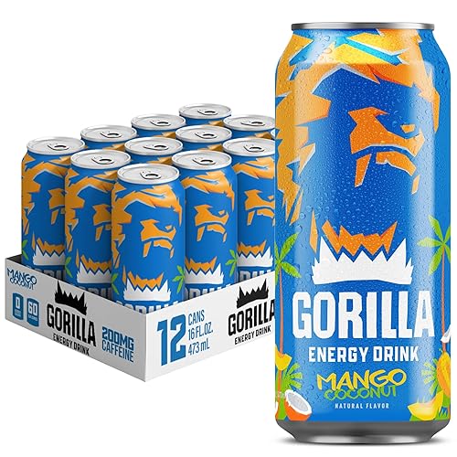 Gorilla Energy Bebida, mango y coco, 200 mg de cafeína natural, jugo de fruta real exprimido y concentrado, L-teanina, taurina, ginseng, acetil