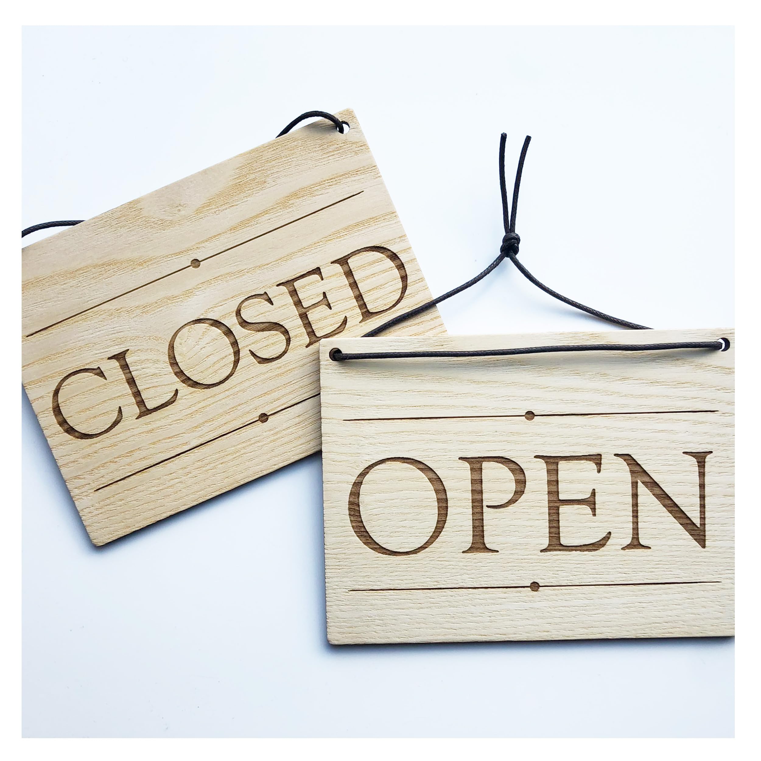 Open/Closed Shop Door Signs - 140mm x 100mm x 4mm Wooden Laser Engraved Rectangle Sign Plaque With Cotton Cord For Hanging (Simple)