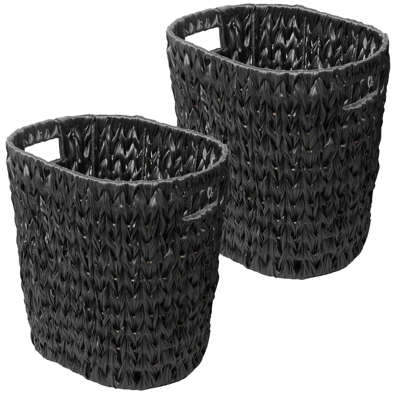 Eyely MPH1407C-SET2 Beech Contemporary Farmhouse Resin 4.5-Gallon Tapered Oval Wicker Watebasket with Handles for Kitchen, Office, Bathroom, Bedroom, Dorm, Black (Set of 2)