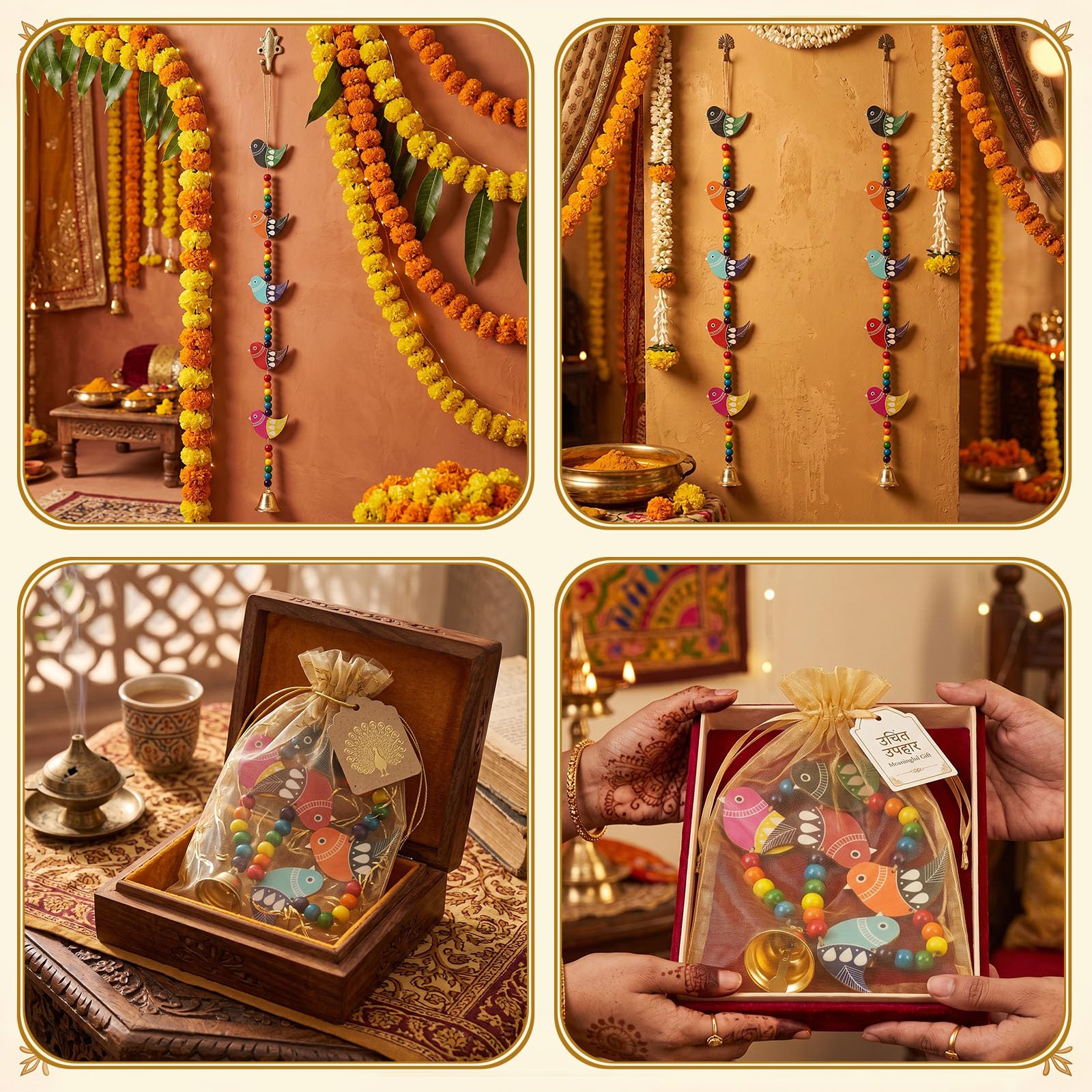 6 piezas Diwali decoración colgante de puerta de loro indio, adornos de madera india festiva para festival Diwali, puerta, pared, templo, entrada, regalo